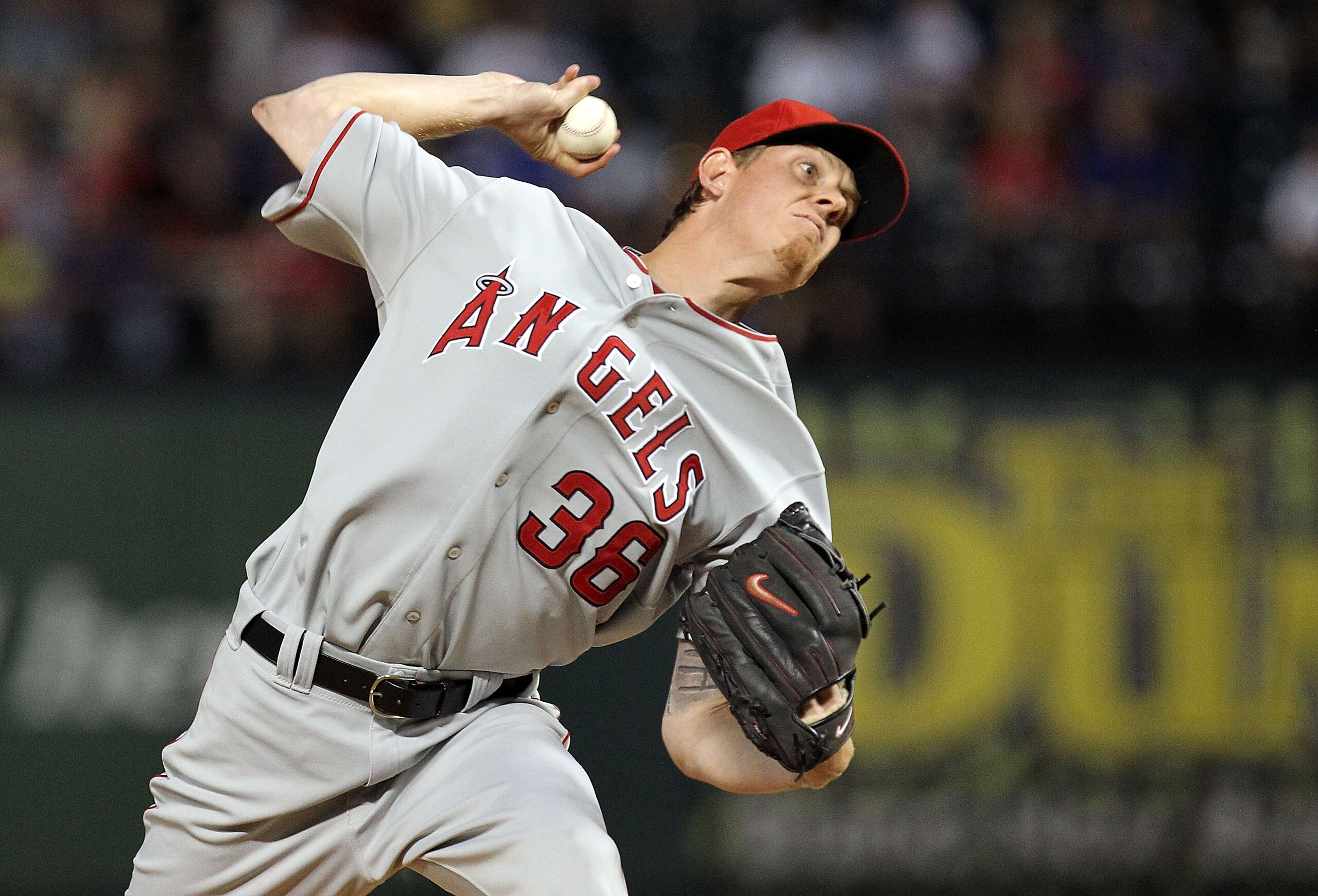 ARLINGTON, TX - OCTOBER 01:  Pitcher Jered Weaver #36 of the Los Angeles Angels of Anaheim throws against the Texas Rangers at Rangers Ballpark in Arlington on October 1, 2010 in Arlington, Texas.  (Photo by Ronald Martinez/Getty Images)