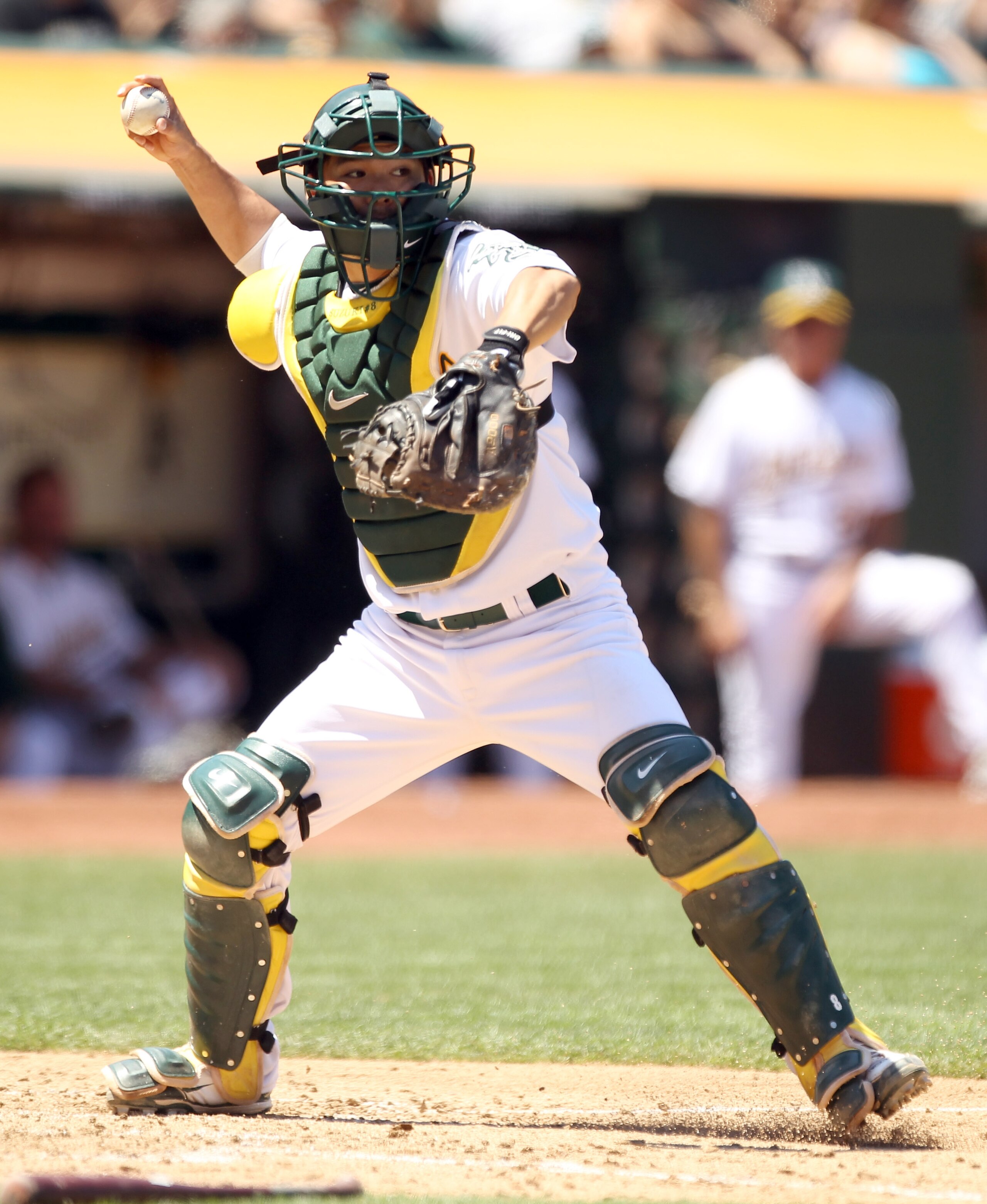 OAKLAND, CA - JULY 11:  Kurt Suzuki #8 of the Oakland Athletics in action against the Los Angeles Angels of Anaheim at the Oakland-Alameda County Coliseum on July 11, 2010 in Oakland, California.  (Photo by Ezra Shaw/Getty Images)