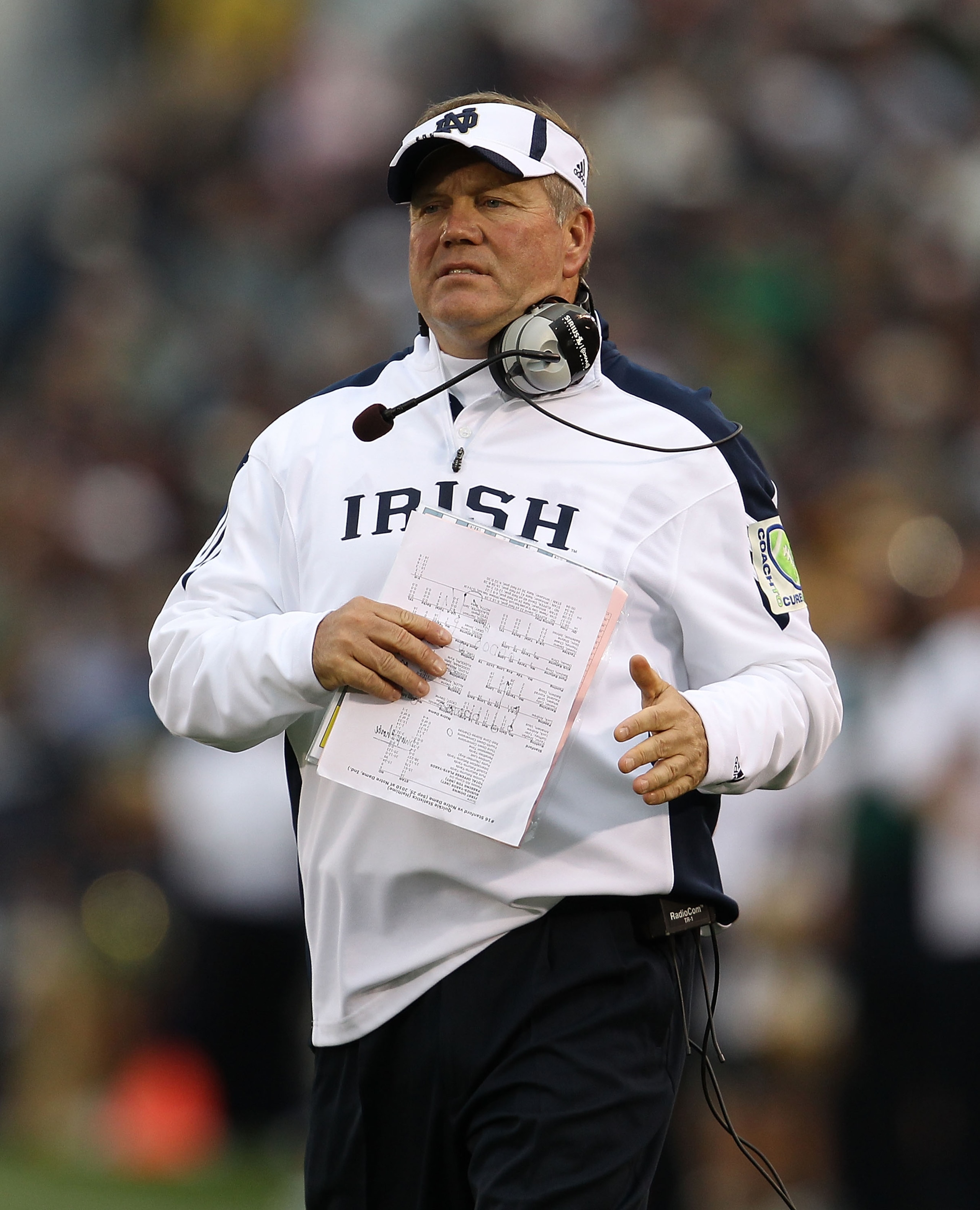 SOUTH BEND, IN - SEPTEMBER 25: Head coach Brian Kelly of the Notre Dame Fighting Irish watches as his team takes on the Stanford Cardinal at Notre Dame Stadium on September 25, 2010 in South Bend, Indiana. Stanford defeated Notre Dame 37-14.  (Photo by Jo