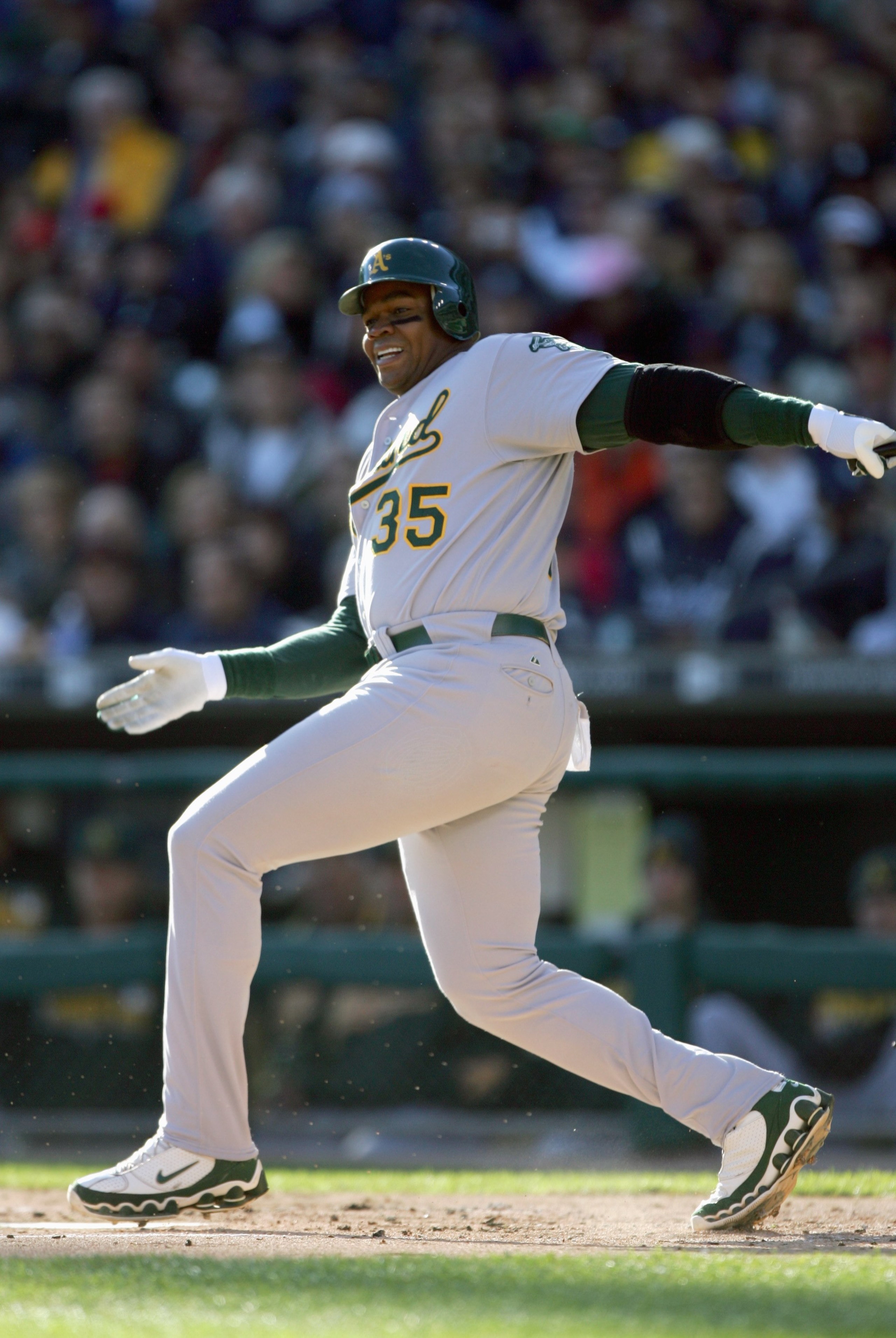 DETROIT - OCTOBER 14: Frank Thomas #35 of the Oakland Athletics swings at the pitch against the Detroit Tigers during the first inning of Game Four of the American League Championship Series on October 14, 2006 at Comerica Park in Detroit, Michigan. (Phot