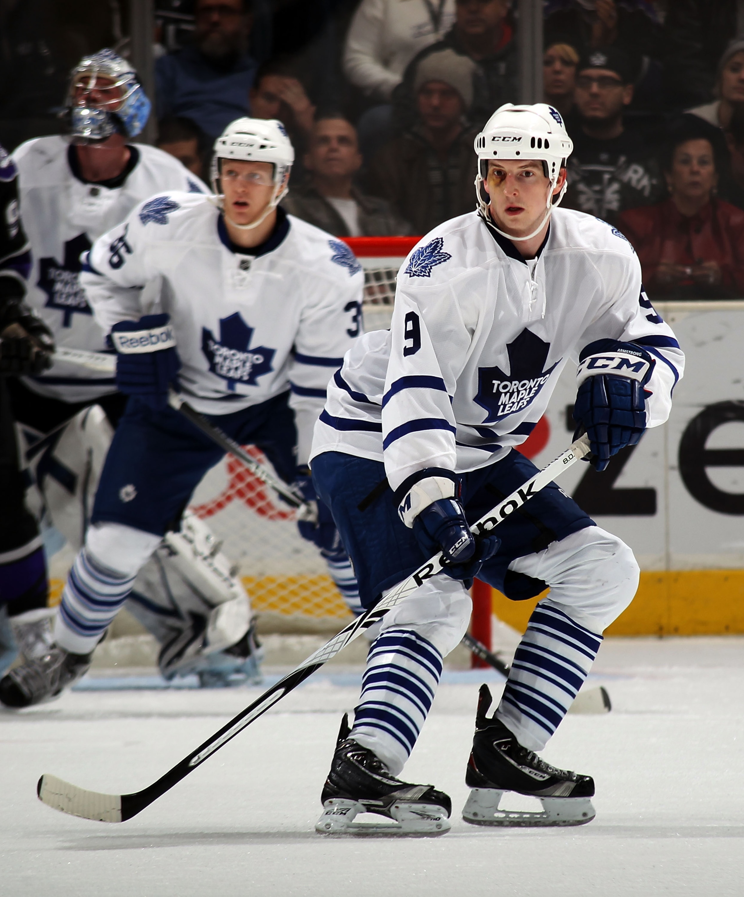 LOS ANGELES, CA - JANUARY 10: Colby Armstrong #9 of the Toronto Maple Leafs skates against the Los Angeles Kings at the Staples Center on January 10, 2011 in Los Angeles, California.  (Photo by Bruce Bennett/Getty Images)