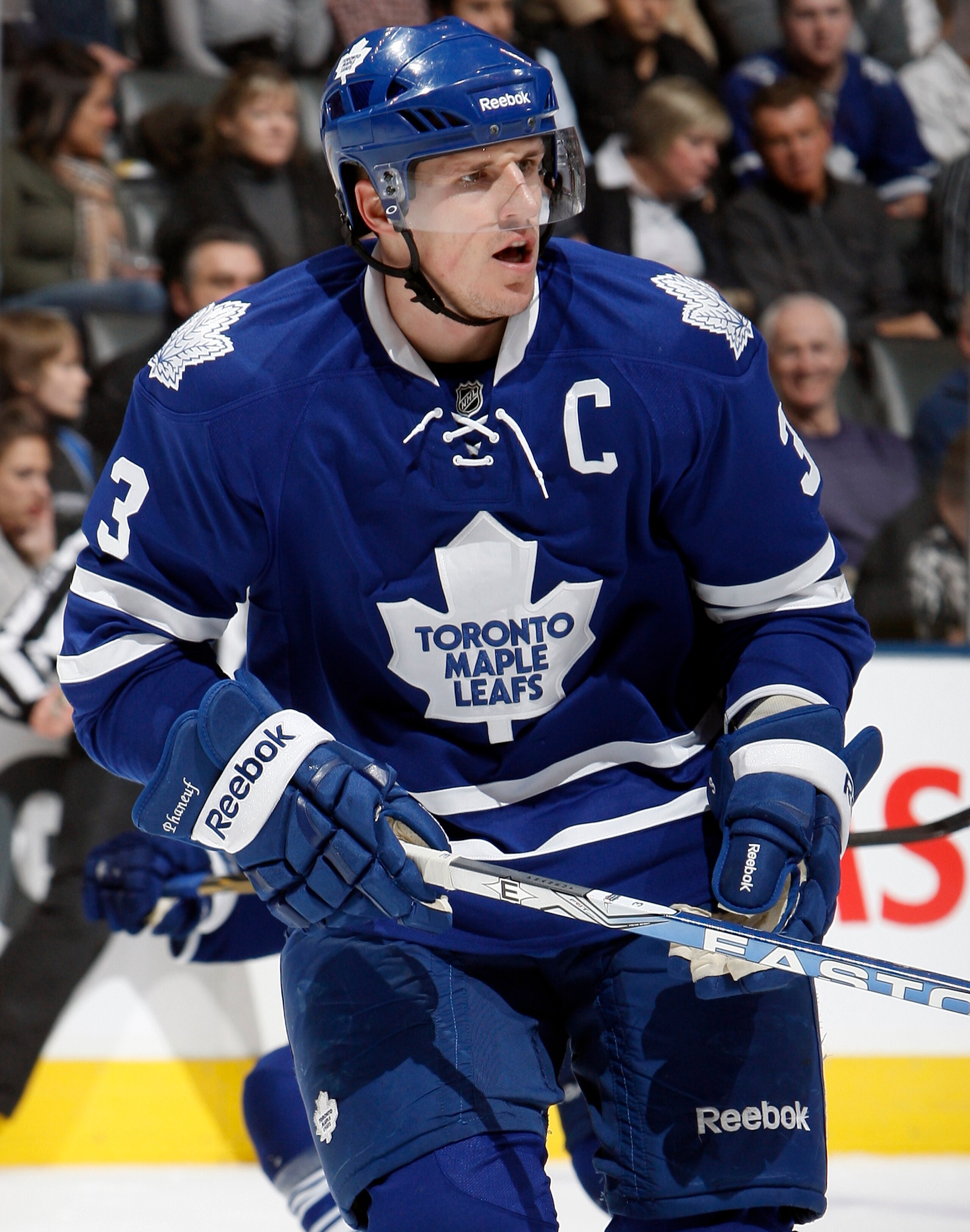 TORONTO, CANADA - JANUARY 22:  Dion Phaneuf #3 of the Toronto Maple Leafs skates up the ice during game action at the Air Canada Centre against the Washington Capitals January 22, 2011 in Toronto, Ontario, Canada. (Photo by Abelimages/Getty Images)
