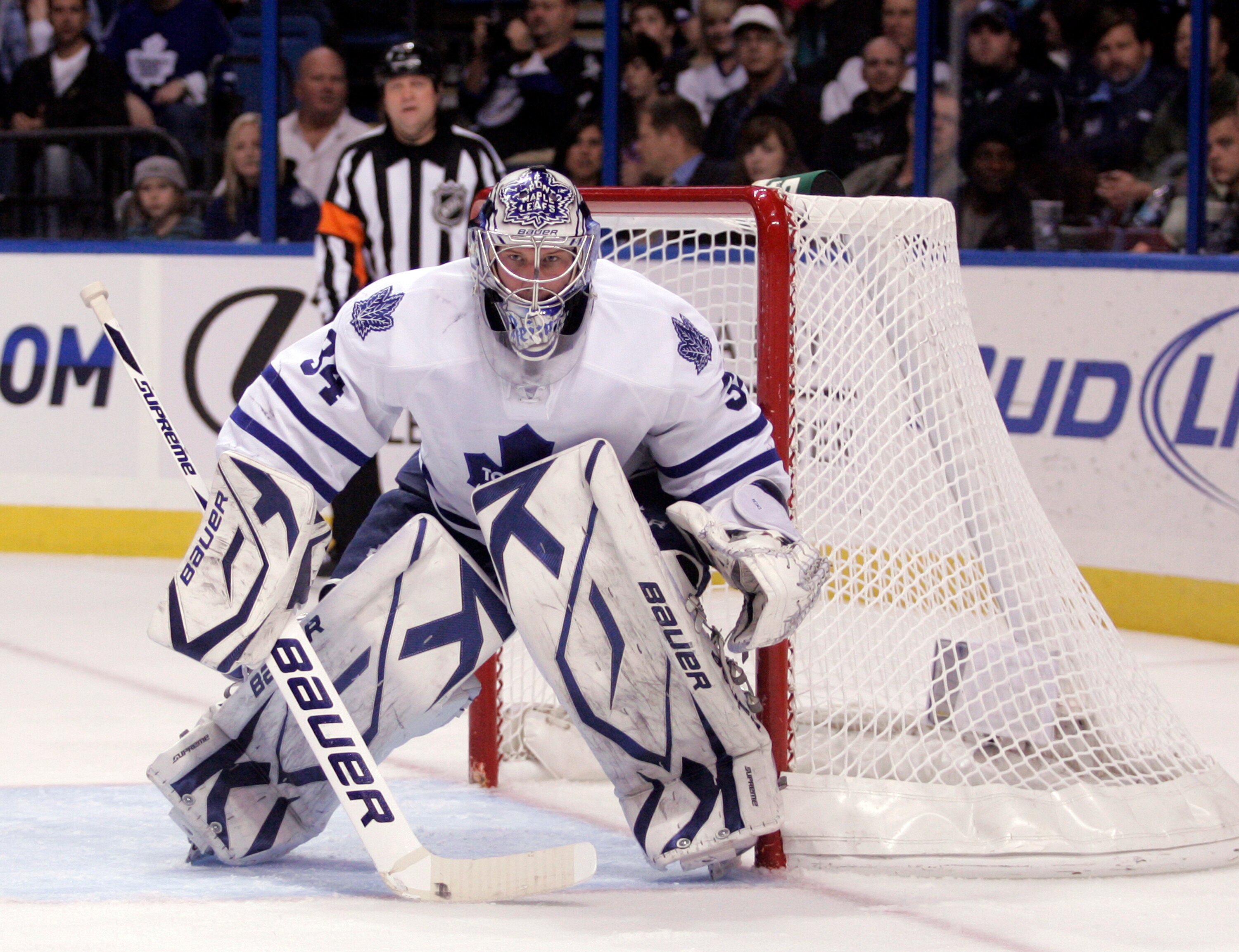 TAMPA, FL - JANUARY 25: James Reimer #34 of the Toronto Maple Leafs protects the net against the Tampa Bay Lightning at St. Pete Times Forum on January 25, 2011 in Tampa, Florida. The Lightning defeated the Leafs 2-0. (Photo by Justin K. Aller/Getty Image