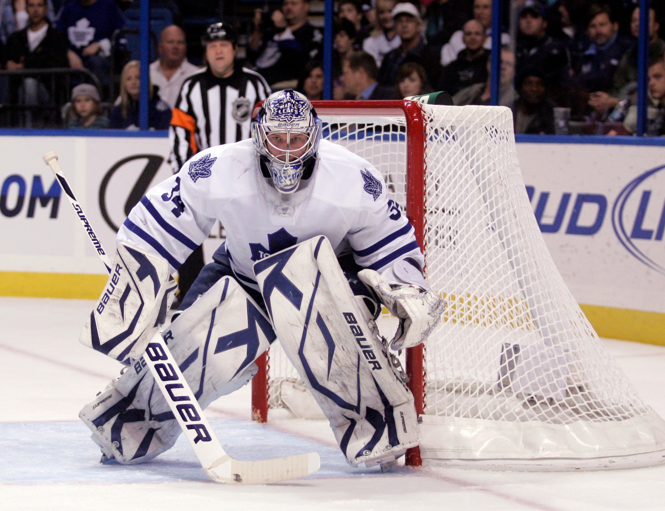 TAMPA, FL - JANUARY 25: James Reimer #34 of the Toronto Maple Leafs protects the net against the Tampa Bay Lightning at St. Pete Times Forum on January 25, 2011 in Tampa, Florida. The Lightning defeated the Leafs 2-0. (Photo by Justin K. Aller/Getty Image