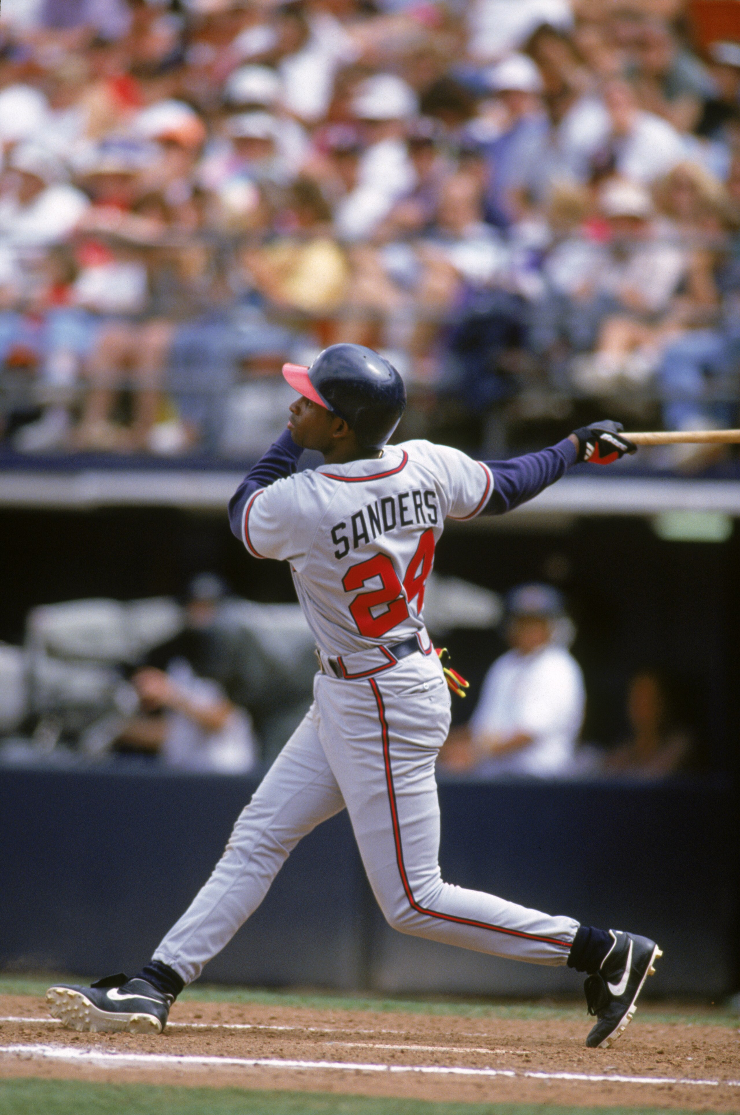 SAN DIEGO - JUNE 7:  Deion Sanders #24 of the Atlanta Braves bats against the San Diego Padres during the game at Jack Murphy Stadium on June 7, 1992 in San Diego, California.   (Photo by Stephen Dunn/Getty Images)
