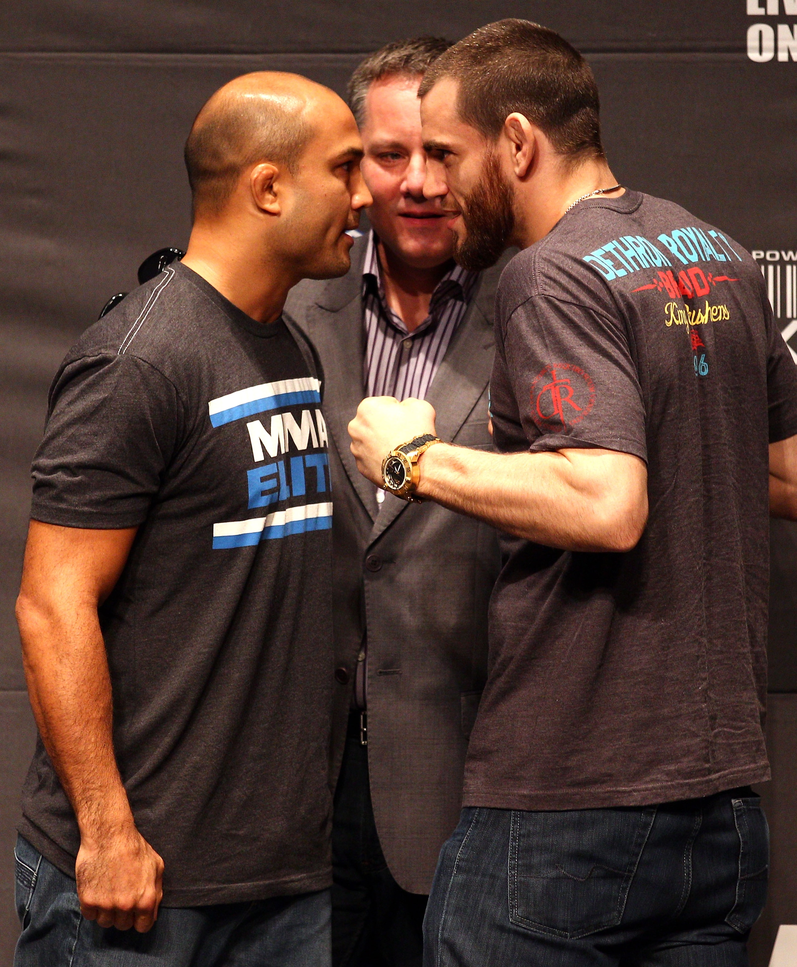 SYDNEY, AUSTRALIA - FEBRUARY 23:  BJ Penn (L) and Jon Fitch (R) of the USA pose up during a Press Conference ahead of UFC 127 at Star City on February 23, 2011 in Sydney, Australia.  (Photo by Ryan Pierse/Getty Images)