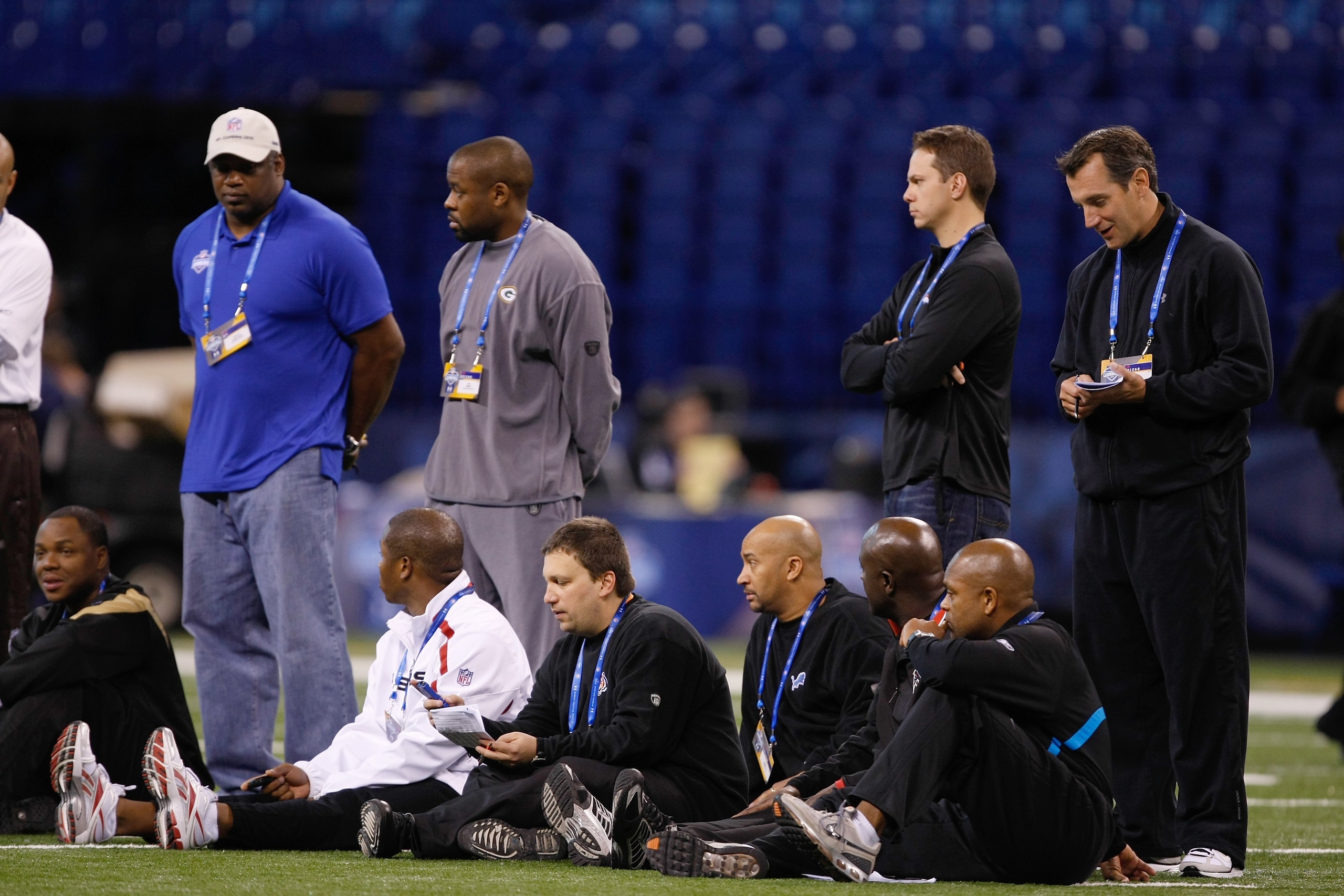 INDIANAPOLIS, IN - MARCH 2: Coaches evaluate players during the NFL Scouting Combine presented by Under Armour at Lucas Oil Stadium on March 2, 2010 in Indianapolis, Indiana. (Photo by Scott Boehm/Getty Images)