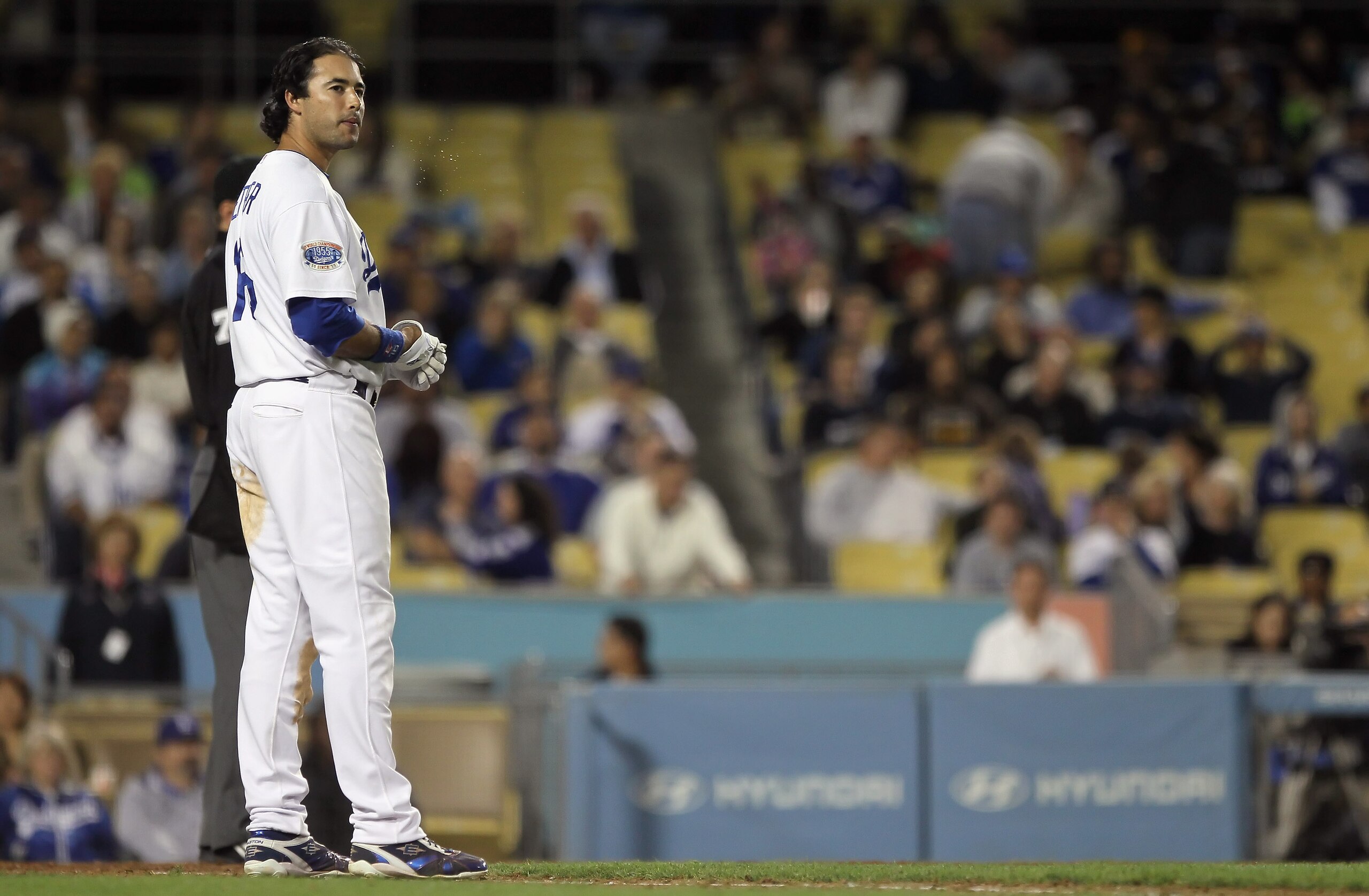 LOS ANGELES, CA - SEPTEMBER 22:  Andre Ethier #16 of the Los Angeles Dodgers looks on after grounding out to first against the San Diego Padres in the eighth inning at Dodger Stadium on September 22, 2010 in Los Angeles, California. The Padres defeated th