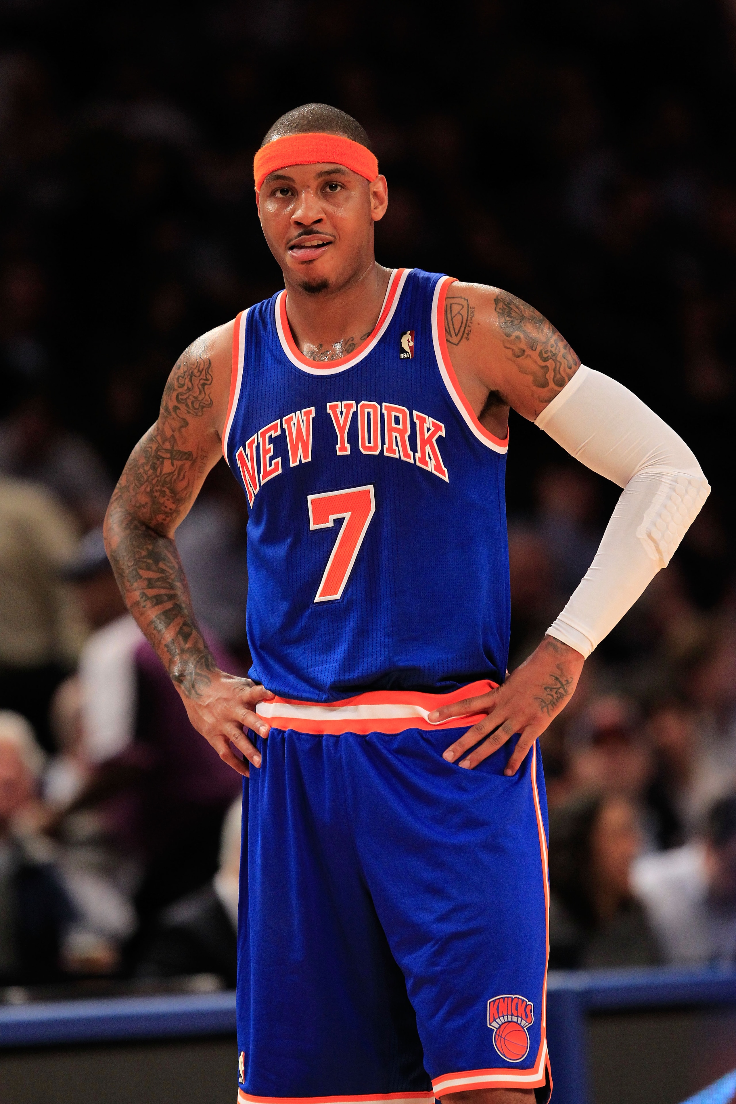 NEW YORK, NY - FEBRUARY 23:  Carmelo Anthony #7 of the New York Knicks on the court against the Milwaukee Bucks at Madison Square Garden on February 23, 2011 in New York City. NOTE TO USER: User expressly acknowledges and agrees that, by downloading and/o