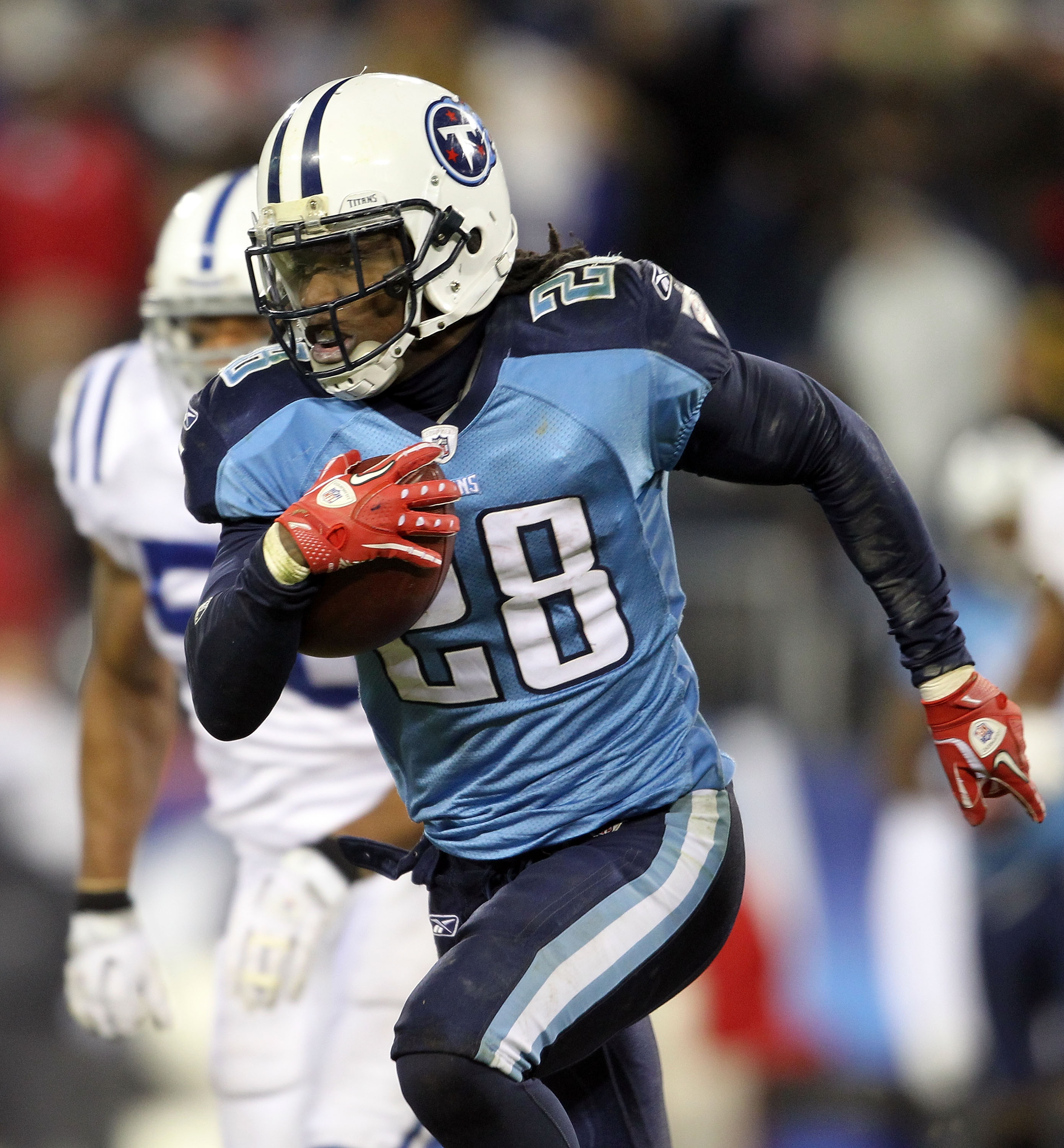 NASHVILLE, TN - DECEMBER 09:  Chris Johnson #28 of the Tennessee Titans runs with the ball against the Indianapolis Colts during the NFL game at LP Field on December 9, 2010 in Nashville, Tennessee.  (Photo by Andy Lyons/Getty Images)