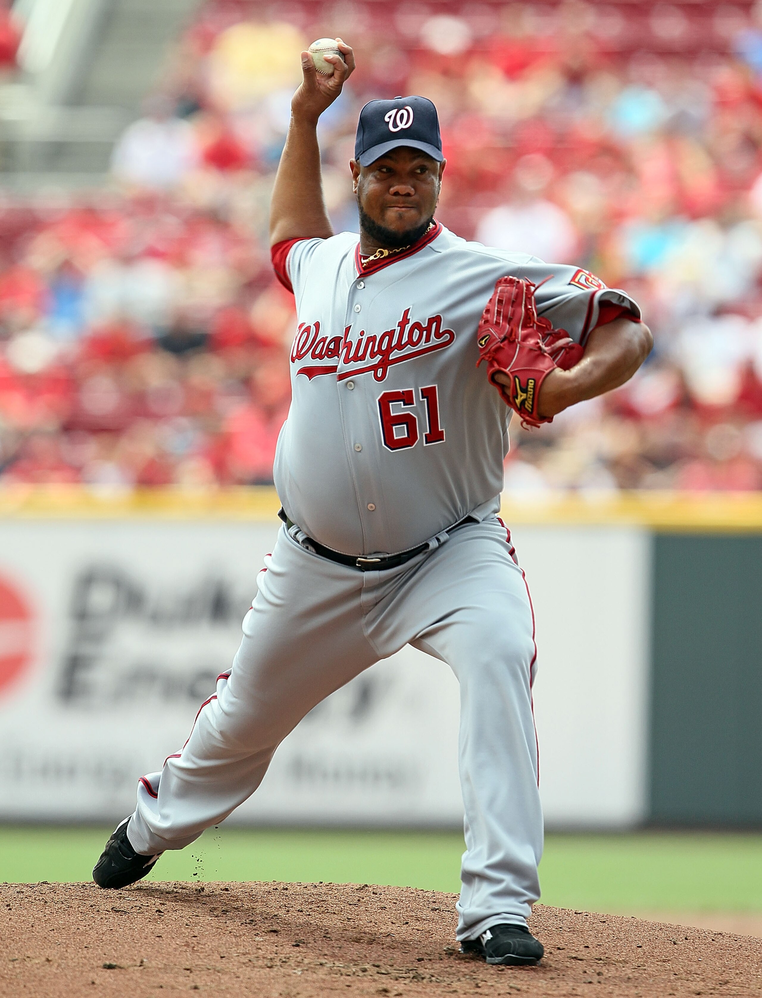 CINCINNATI - JULY 22:  Livan Hernandez #61 of the Washington Nationals throws a pitch during the game against the Cincinnati Reds at Great American Ball Park on July 22, 2010 in Cincinnati, Ohio.  (Photo by Andy Lyons/Getty Images)