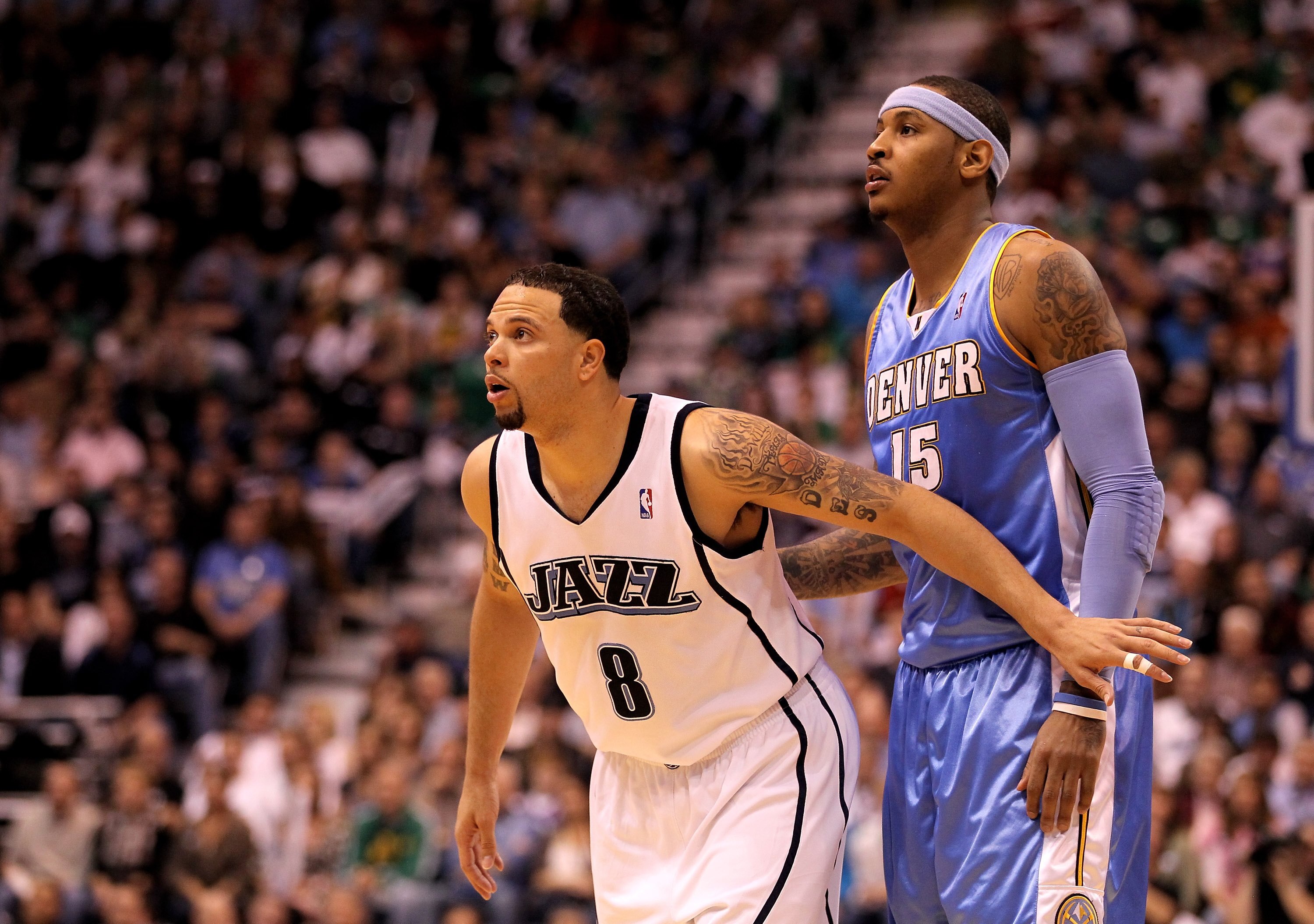 SALT LAKE CITY - APRIL 30:  Deron Williams #8 of the Utah Jazz boxes out Carmelo Anthony #15 of the Denver Nuggets in Game Six of the Western Conference Quarterfinals of the 2010 NBA Playoffs at EnergySolutions Arena on April 30, 2010 in Salt Lake City, U