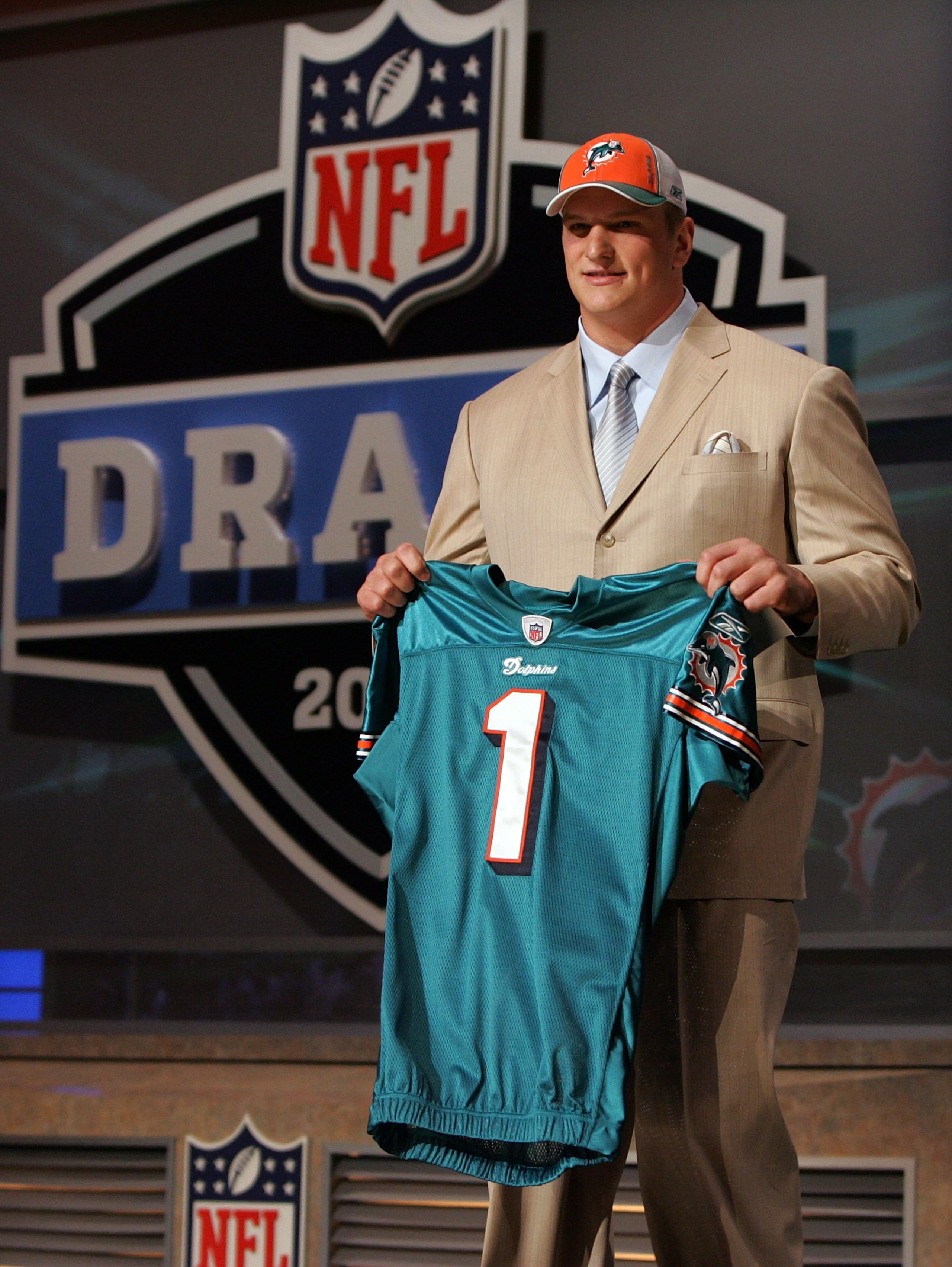 NEW YORK - APRIL 26:  Jake Long poses for a photo after being taken with the fisrt overall pick by the Miami Dolphins during the 2008 NFL Draft on April 26, 2008 at Radio City Music Hall in New York, New York.  (Photo by Jim McIsaac/Getty Images)