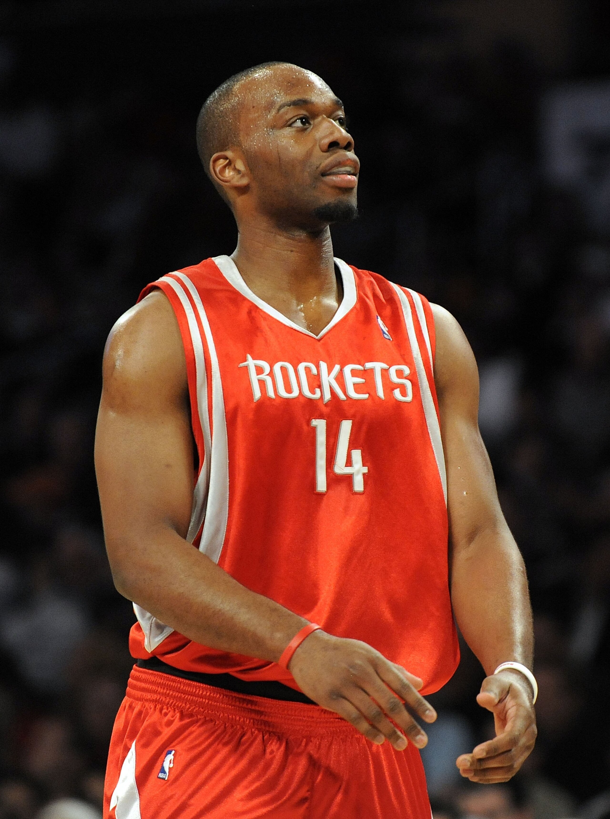 LOS ANGELES, CA - JANUARY 05:  Carl Landry #14 of the Houston Rockets reacts after a foul during the game against the Los Angeles Lakers at Staples Center on January 5, 2010 in Los Angeles, California.  NOTE TO USER: User expressly acknowledges and agrees