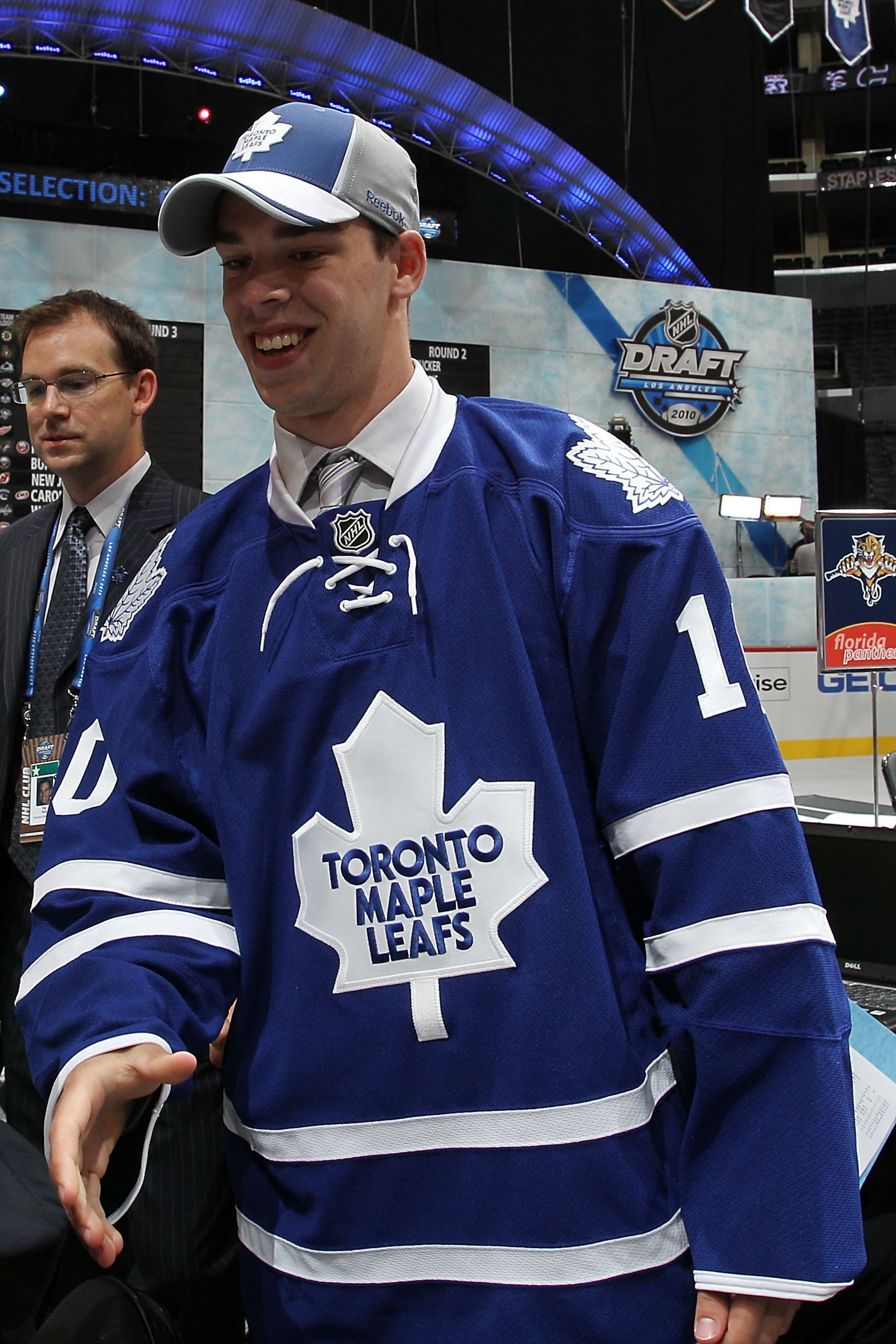 LOS ANGELES, CA - JUNE 26:  Greg McKegg smiles after being drafted in the third round by the Toronto Maple Leafs during day two of the 2010 NHL Entry Draft at Staples Center on June 26, 2010 in Los Angeles, California.  (Photo by Bruce Bennett/Getty Image