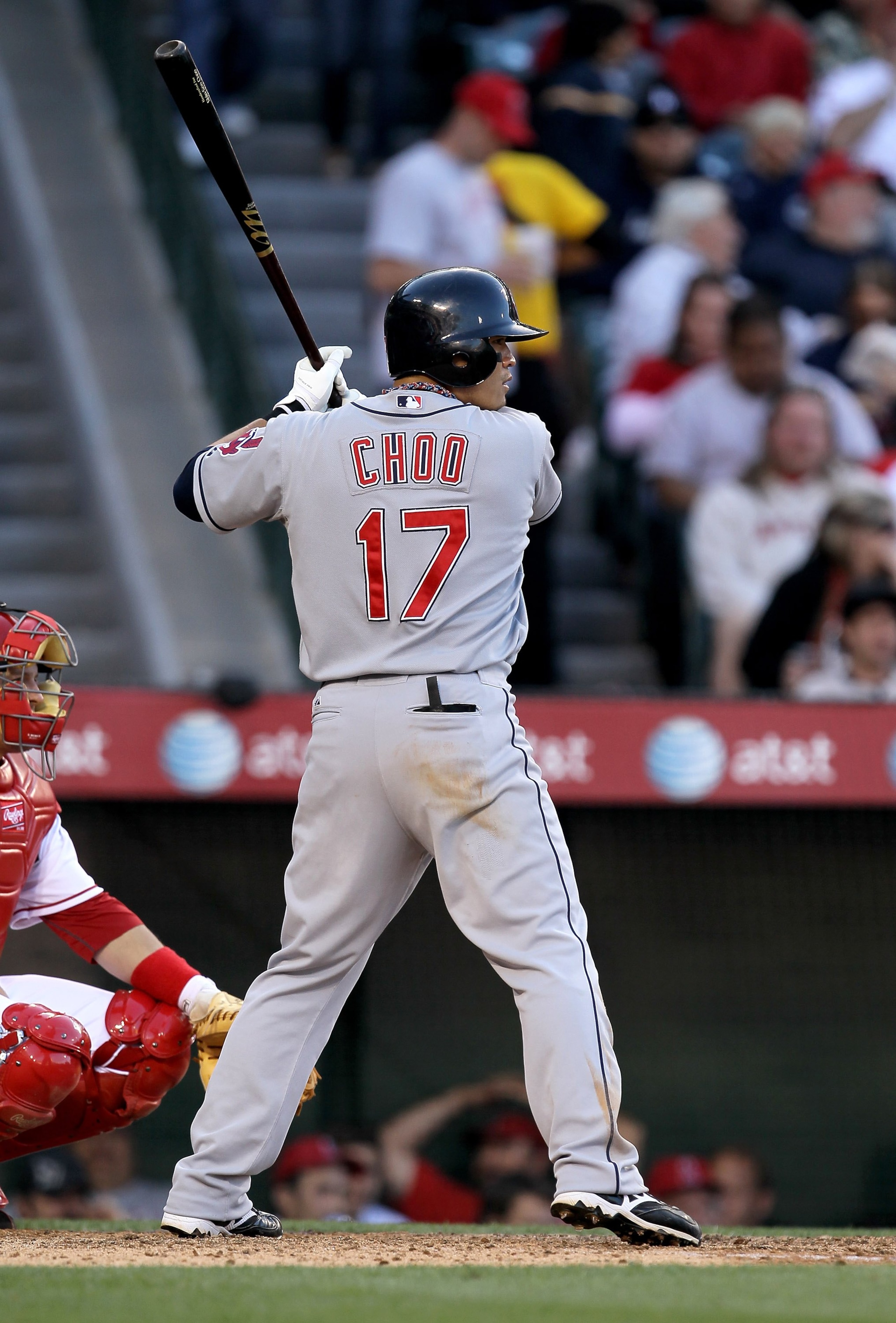 ANAHEIM, CA - APRIL 28:  Shin-Soo Choo #17 of  the Cleveland Indians bats against the Los Angeles Angels of Anaheim on April 28, 2010 at Angel Stadium in Anaheim, California.  (Photo by Stephen Dunn/Getty Images)