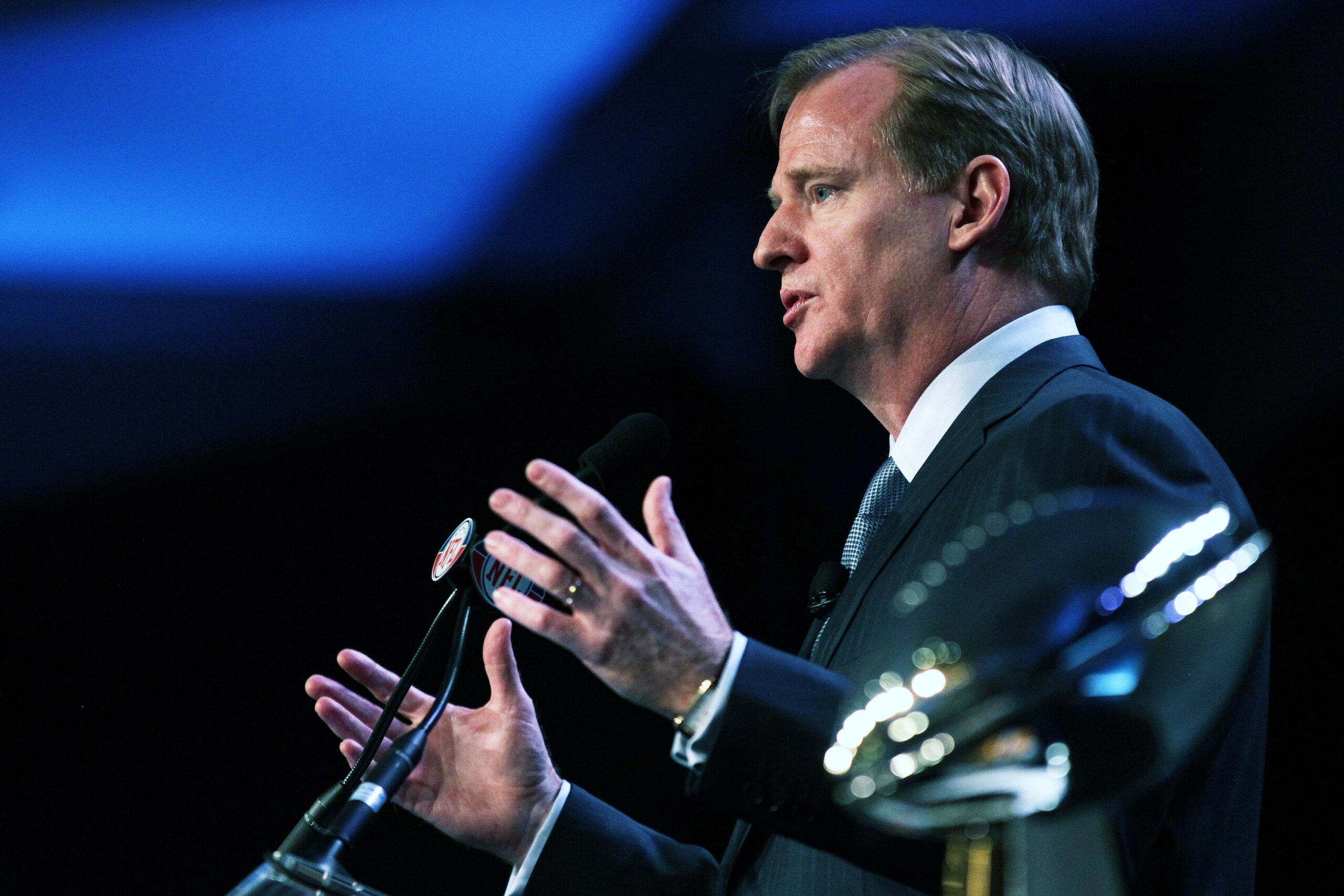 DALLAS, TX - FEBRUARY 04:  NFL commissioner Roger Goodell speaks during a press conference at the Super Bowl XLV media center on February 4, 2011 in Dallas, Texas. The Green Bay Packers will play the Pittsburgh Steelers in Super Bowl XLV on February 6, 20