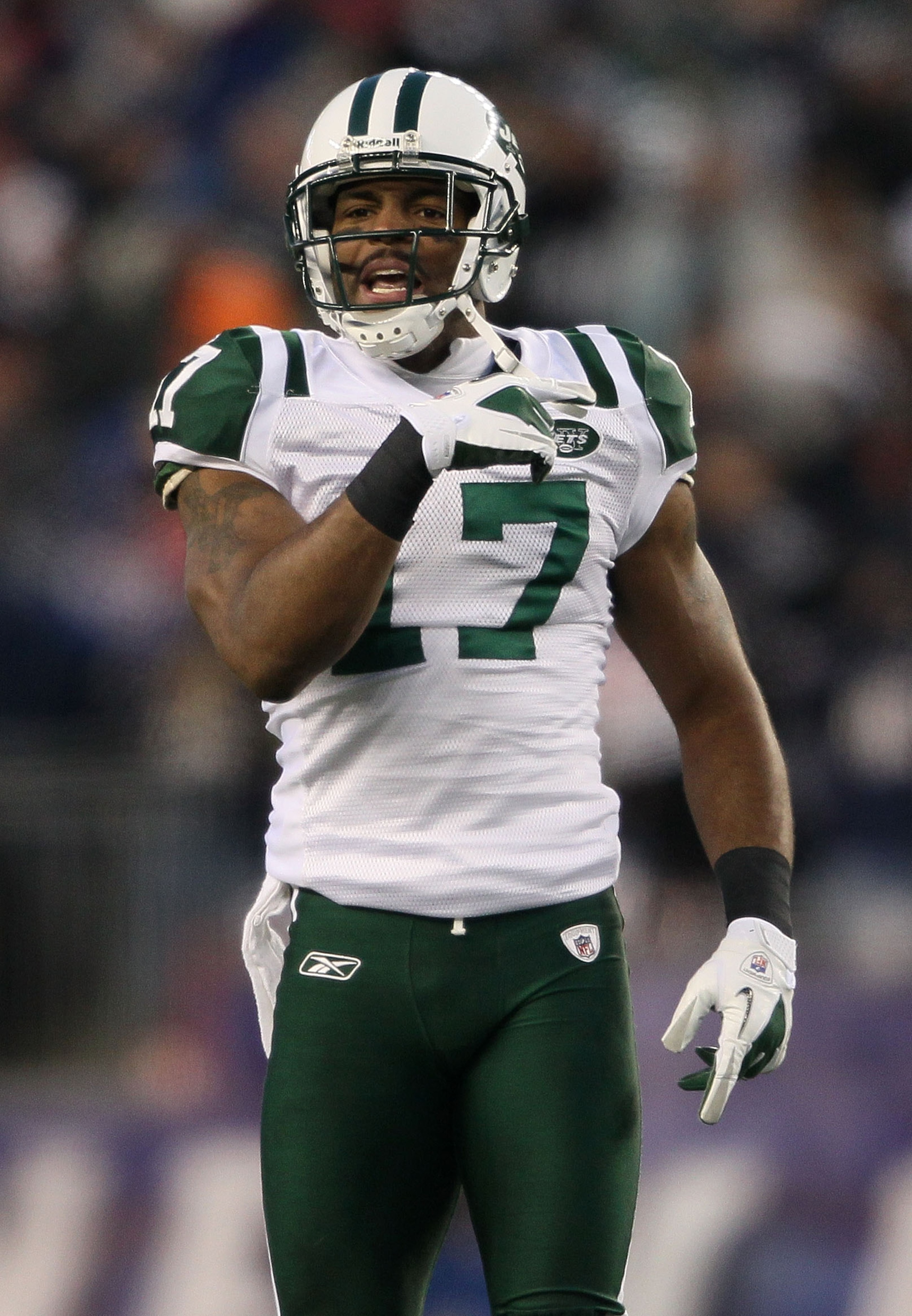 FOXBORO, MA - JANUARY 16:  Wide receiver Braylon Edwards #17 of the New York Jets reacts to a call during their 2011 AFC divisional playoff game against the New England Patriots at Gillette Stadium on January 16, 2011 in Foxboro, Massachusetts.  (Photo by