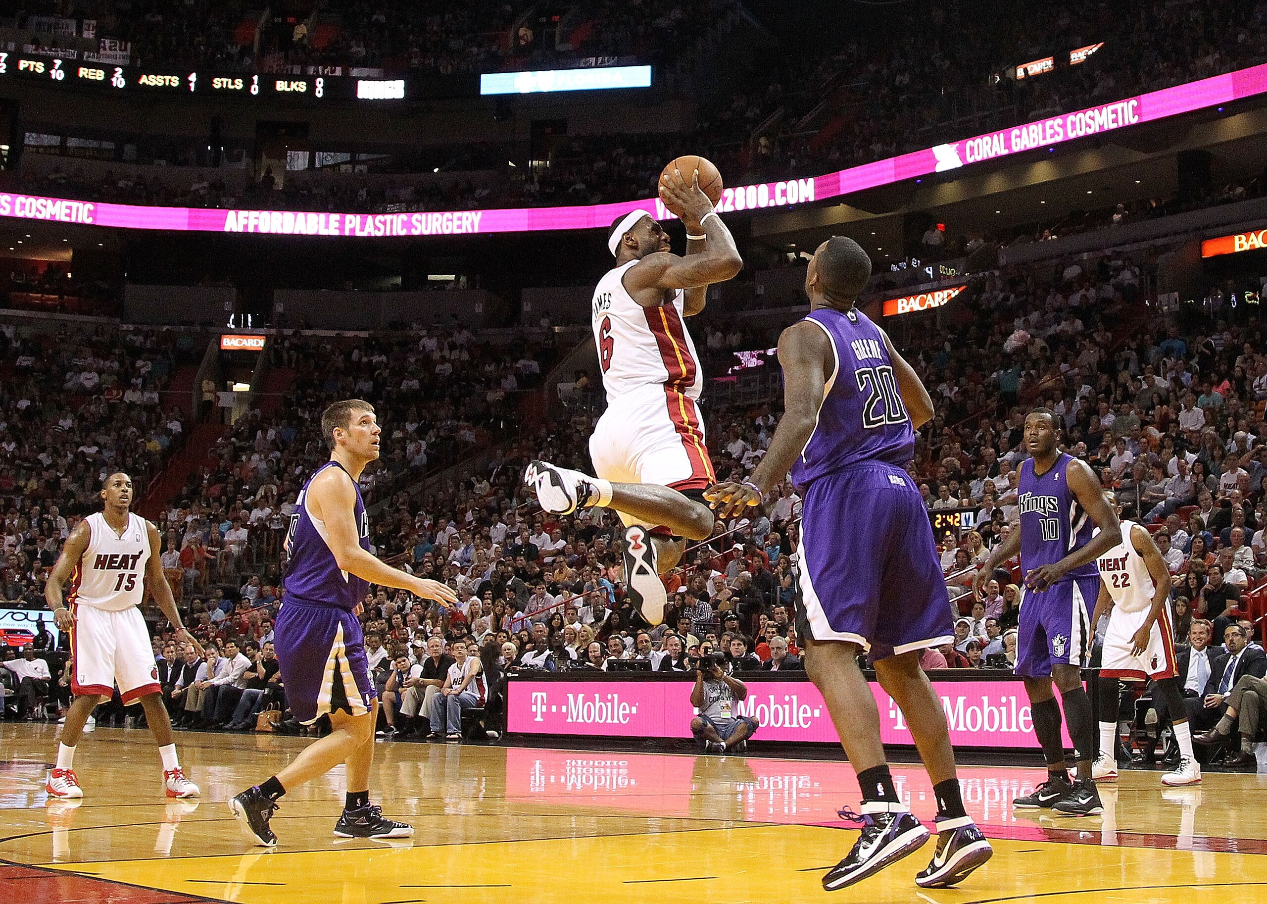 MIAMI, FL - FEBRUARY 22:  LeBron James #6 of the Miami Heat looks to pass during a foul shot during a game against the Sacramento Kings at American Airlines Arena on February 22, 2011 in Miami, Florida. NOTE TO USER: User expressly acknowledges and agrees