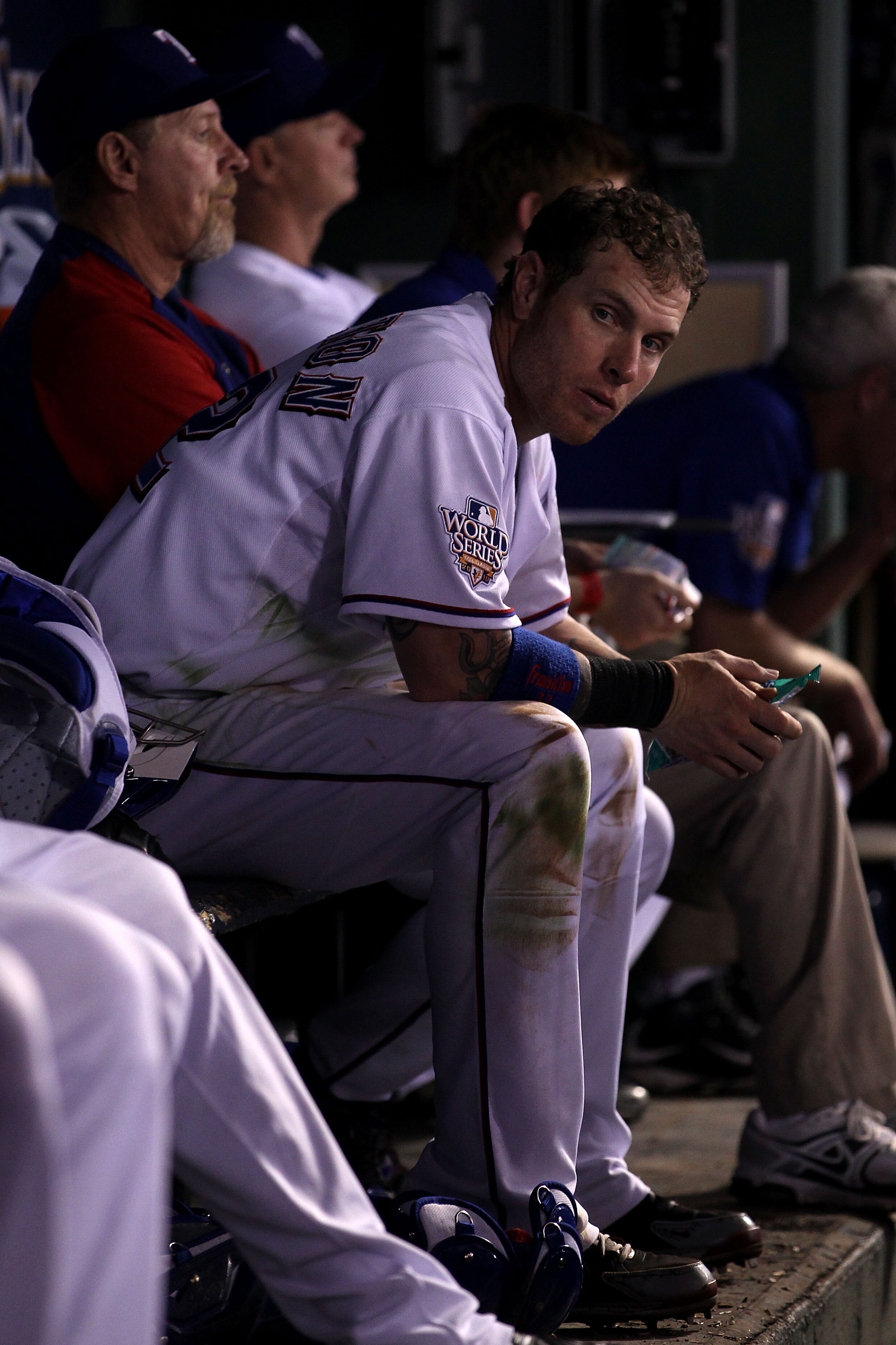 ARLINGTON, TX - OCTOBER 31:  Josh Hamilton #32 of the Texas Rangers looks on dejected from the dugout late in the game against the San Francisco Giants in Game Four of the 2010 MLB World Series at Rangers Ballpark in Arlington on October 31, 2010 in Arlin