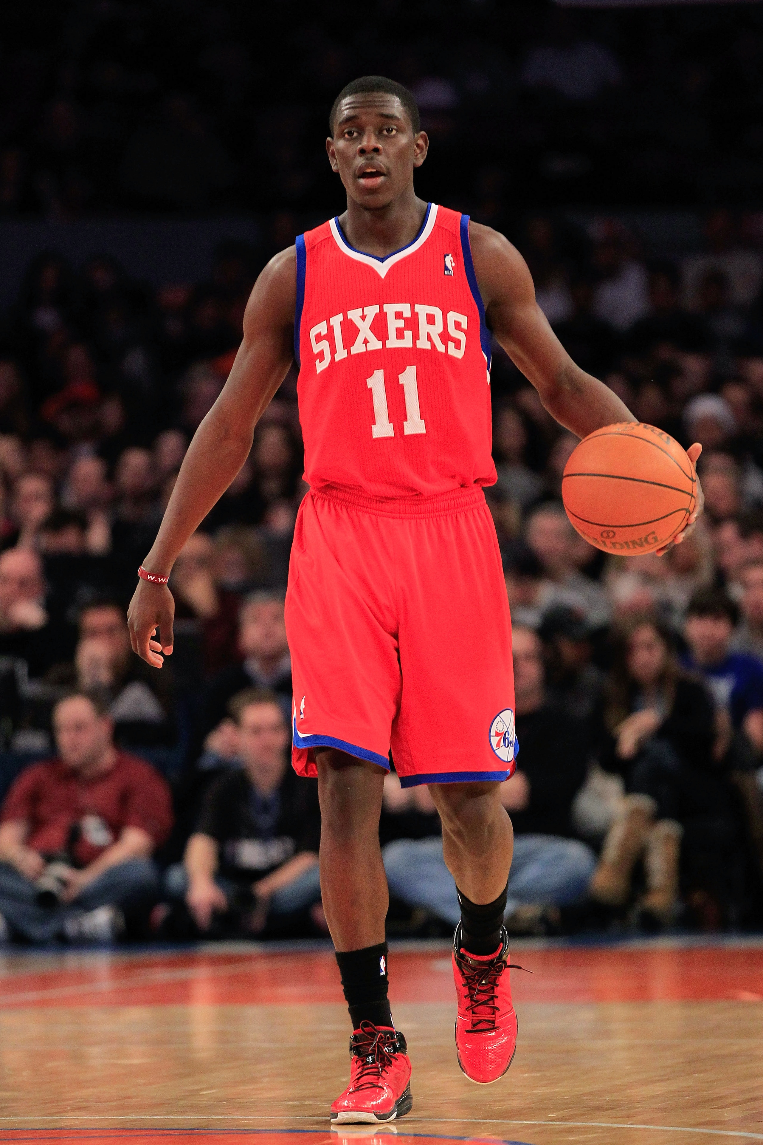 NEW YORK, NY - FEBRUARY 06: Jrue Holiday #11 of the Philadelphia 76ers dribbles the ball against the New York Knicks at Madison Square Garden on February 6, 2011 in New York City. NOTE TO USER: User expressly acknowledges and agrees that, by downloading NEW YORK, NY - FEBRUARY 06: Jrue Holiday #11 of the Philadelphia 76ers dribbles the ball against the New York Knicks at Madison Square Garden on February 6, 2011 in New York City. NOTE TO USER: User expressly acknowledges and agrees that, by downloading