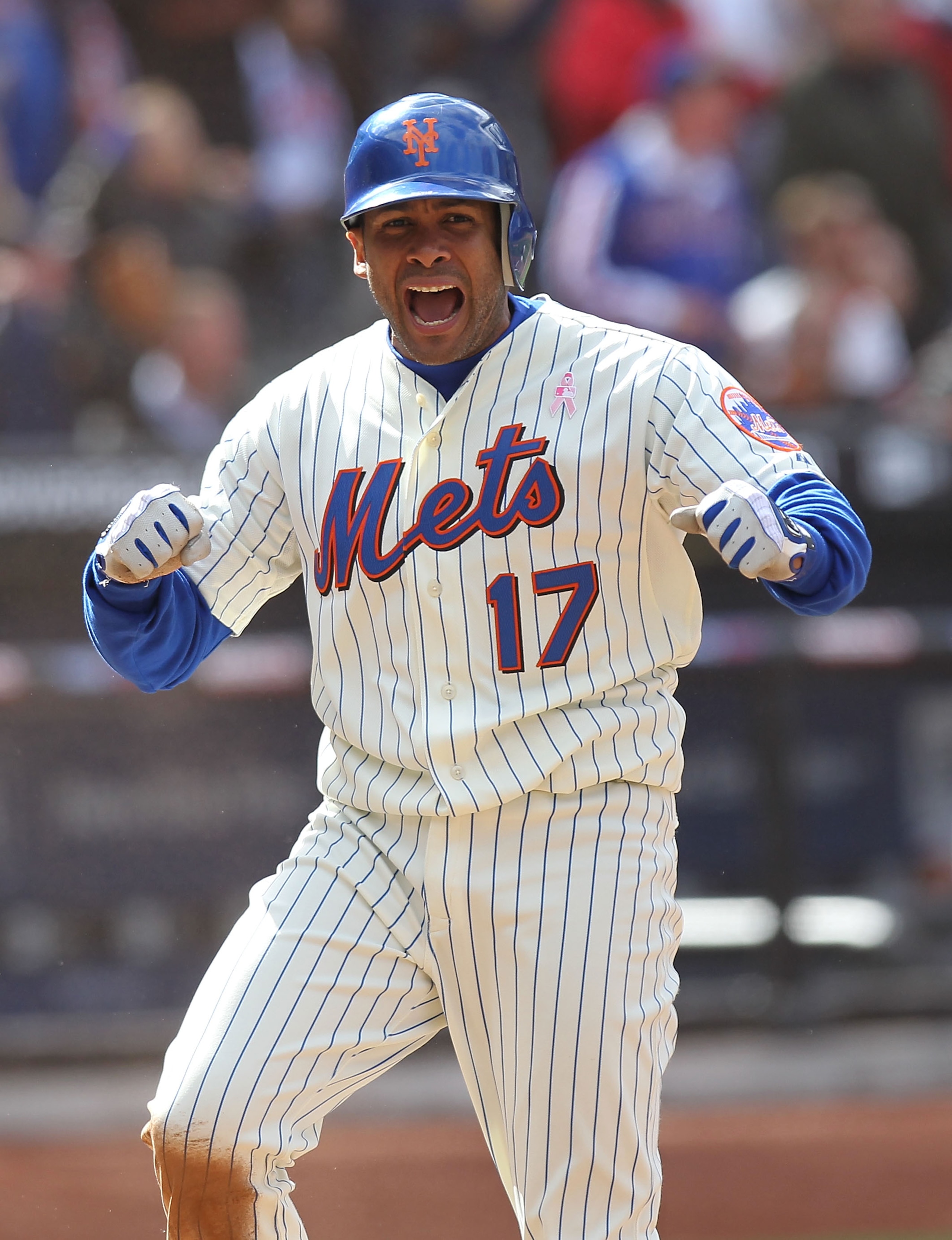 NEW YORK - MAY 09: Fernando Tatis #17 of the New York Mets celebrates scoring on a Jason Bay #44 single in the sixth inning against the San Francisco Giants at Citi Field on May 9, 2010 in the Flushing neighborhood of the Queens borough of New York City. NEW YORK - MAY 09: Fernando Tatis #17 of the New York Mets celebrates scoring on a Jason Bay #44 single in the sixth inning against the San Francisco Giants at Citi Field on May 9, 2010 in the Flushing neighborhood of the Queens borough of New York City.