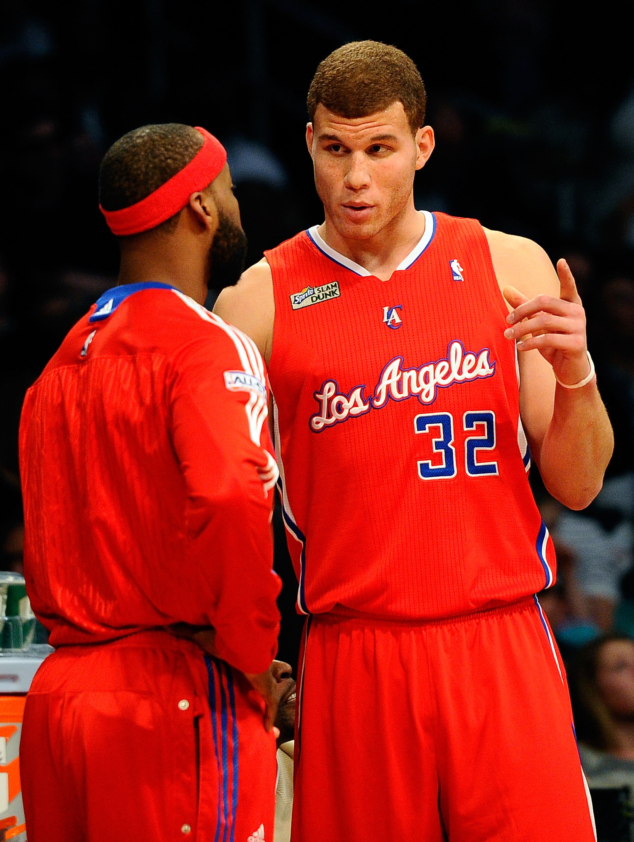 LOS ANGELES, CA - FEBRUARY 19:  Blake Griffin #32 of the Los Angeles Clippers talks with teammate Baron Davis in the Sprite Slam Dunk Contest apart of NBA All-Star Saturday Night at Staples Center on February 19, 2011 in Los Angeles, California. NOTE TO U