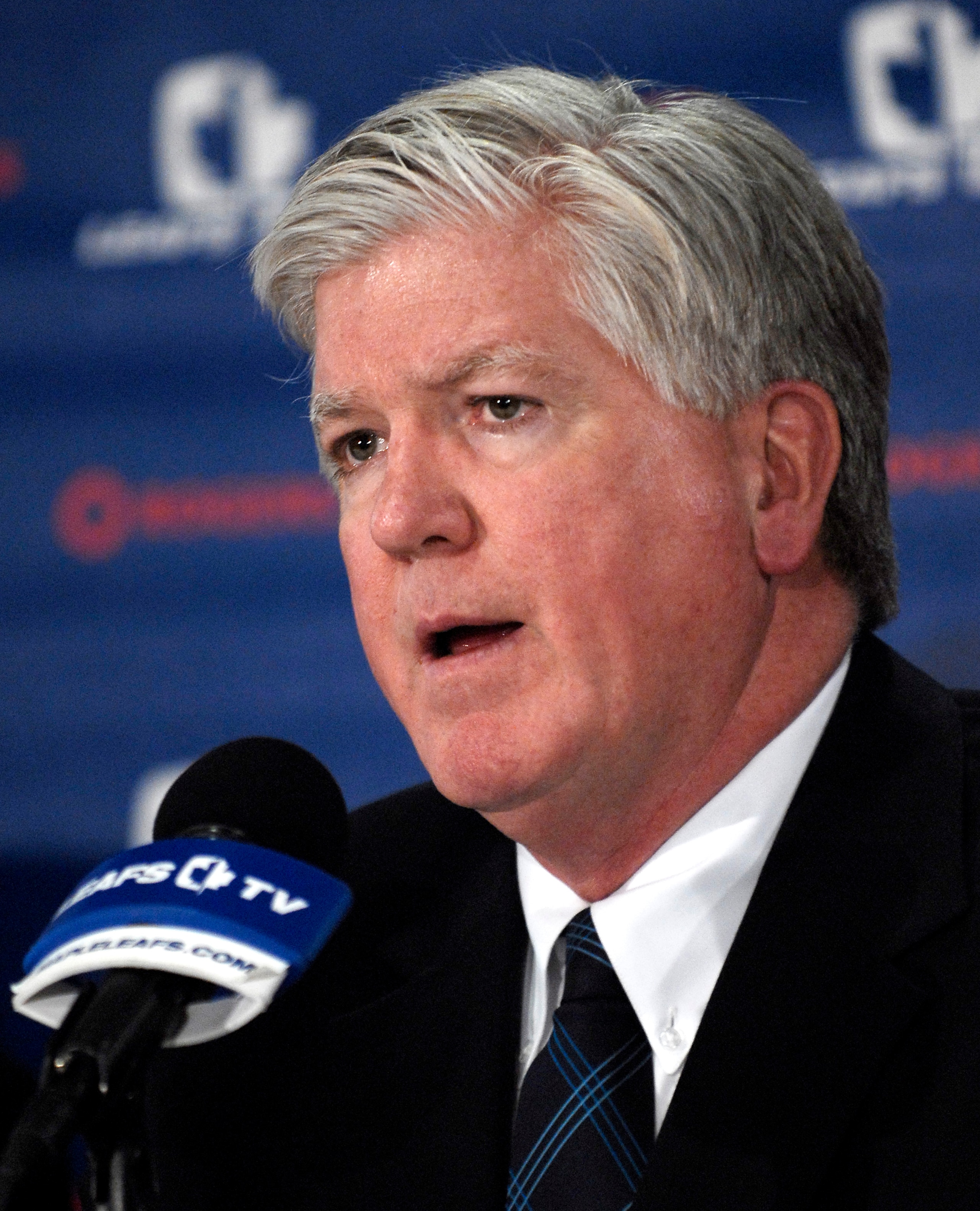 TORONTO - NOVEMBER 29:   Brian Burke speaks to the media after being named President and General Manger of the Toronto Maple Leafs November 29, 2008 at the Air Canada Centre in Toronto, Ontario, Canada. (Photo by Brad White/Getty Images)
