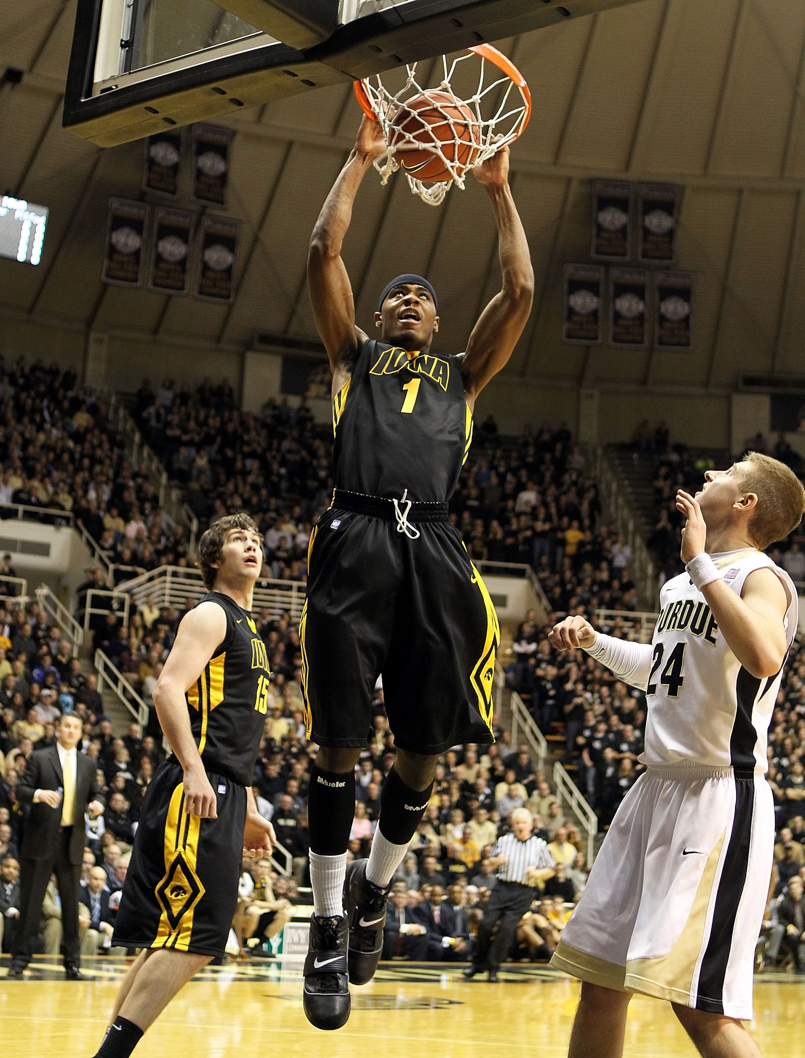 WEST LAFAYETTE, IN - JANUARY 09: Meisahn Basabe #1 of the Iowa Hawkeyes dunks during the Big Ten Conference game against the Purdue Boilermakers at Mackey Arena on January 9, 2011 in West Lafayette, Indiana. (Photo by Andy Lyons/Getty Images) WEST LAFAYETTE, IN - JANUARY 09: Meisahn Basabe #1 of the Iowa Hawkeyes dunks during the Big Ten Conference game against the Purdue Boilermakers at Mackey Arena on January 9, 2011 in West Lafayette, Indiana. (Photo by Andy Lyons/Getty Images)