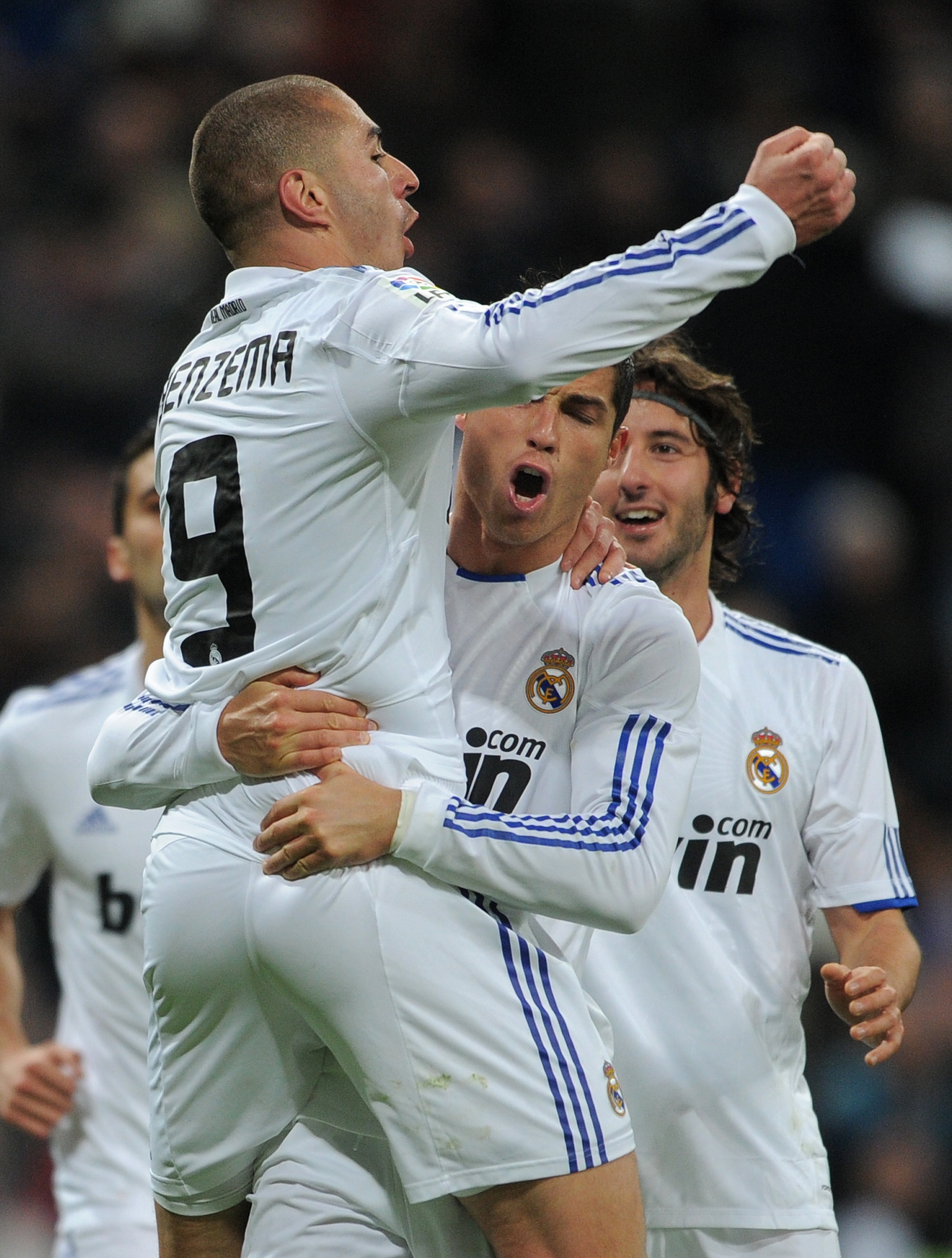 MADRID, SPAIN - JANUARY 23: Karim Benzema (L) of Real Madrid celebrates scoring his sides opening goal with his teammate Cristiano Ronaldo during the la liga match between Real Madrid and Mallorca at Estadio Santiago Bernabeu on January 23, 2011 in Madr MADRID, SPAIN - JANUARY 23: Karim Benzema (L) of Real Madrid celebrates scoring his sides opening goal with his teammate Cristiano Ronaldo during the la liga match between Real Madrid and Mallorca at Estadio Santiago Bernabeu on January 23, 2011 in Madr