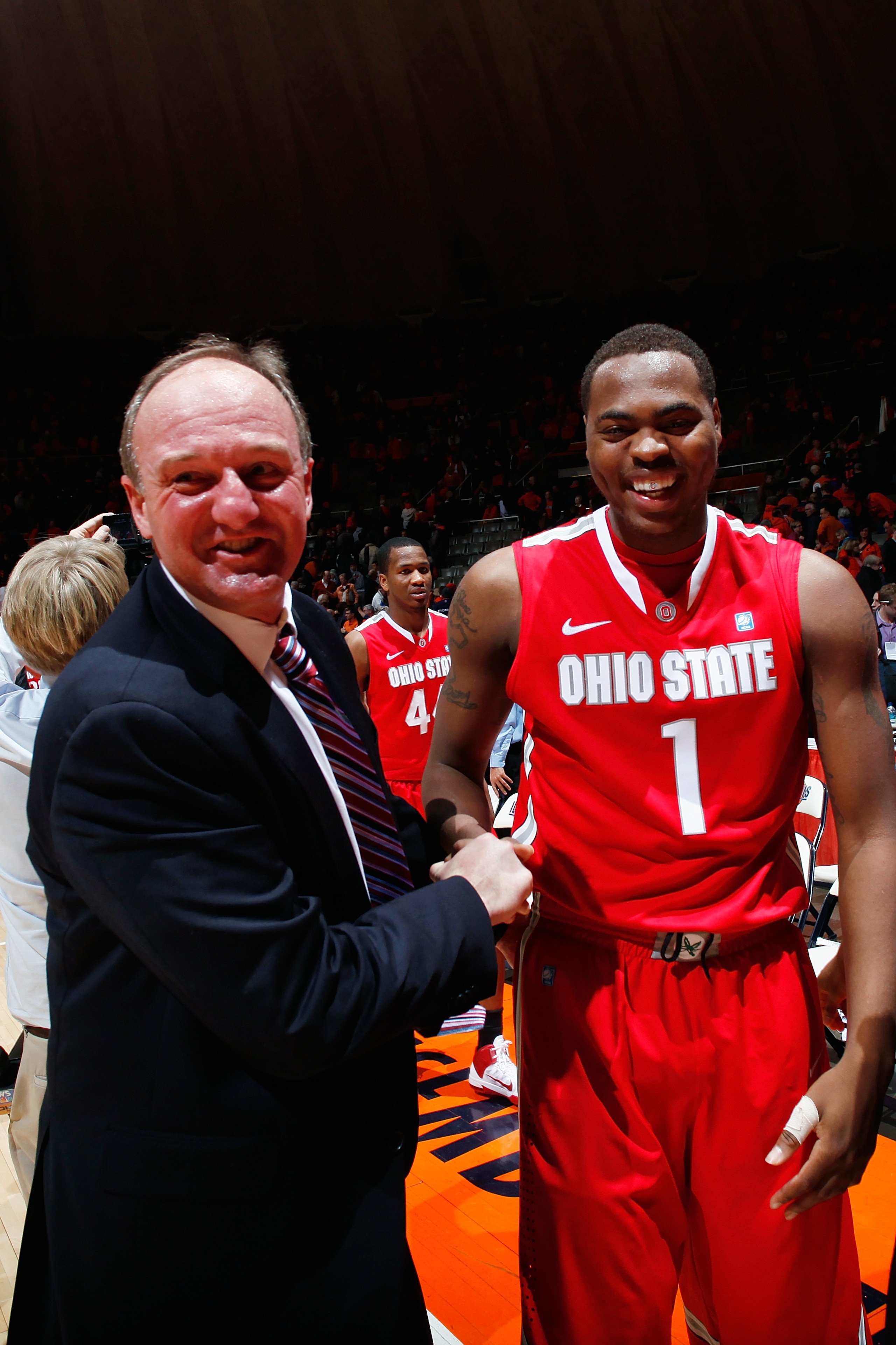 CHAMPAIGN, IL - JANUARY 22: Ohio State Buckeyes head coach Thad Matta celebrates with Deshaun Thomas #1 following the game against the Illinois Fighting Illini at Assembly Hall on January 22, 2011 in Champaign, Illinois. Ohio State won 73-68. (Photo by Jo CHAMPAIGN, IL - JANUARY 22: Ohio State Buckeyes head coach Thad Matta celebrates with Deshaun Thomas #1 following the game against the Illinois Fighting Illini at Assembly Hall on January 22, 2011 in Champaign, Illinois. Ohio State won 73-68. (Photo by Jo