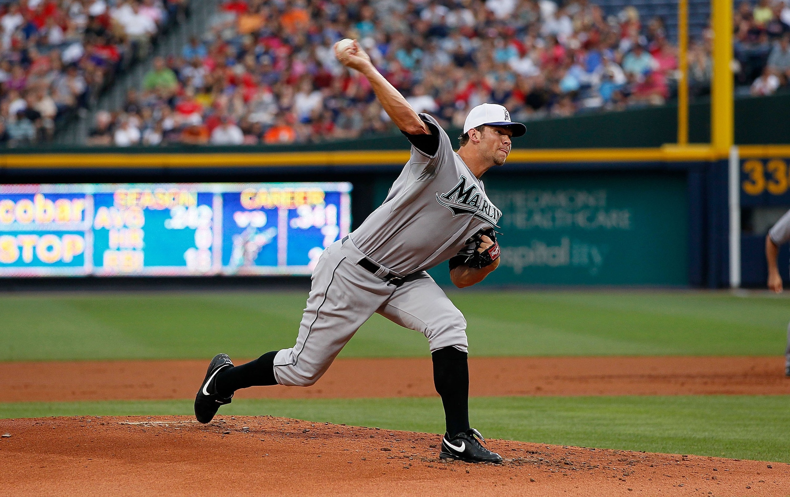 ATLANTA - JULY 02:  Pitcher Josh Johnson #55 of the Florida Marlins against the Atlanta Braves at Turner Field on July 2, 2010 in Atlanta, Georgia.  (Photo by Kevin C. Cox/Getty Images)