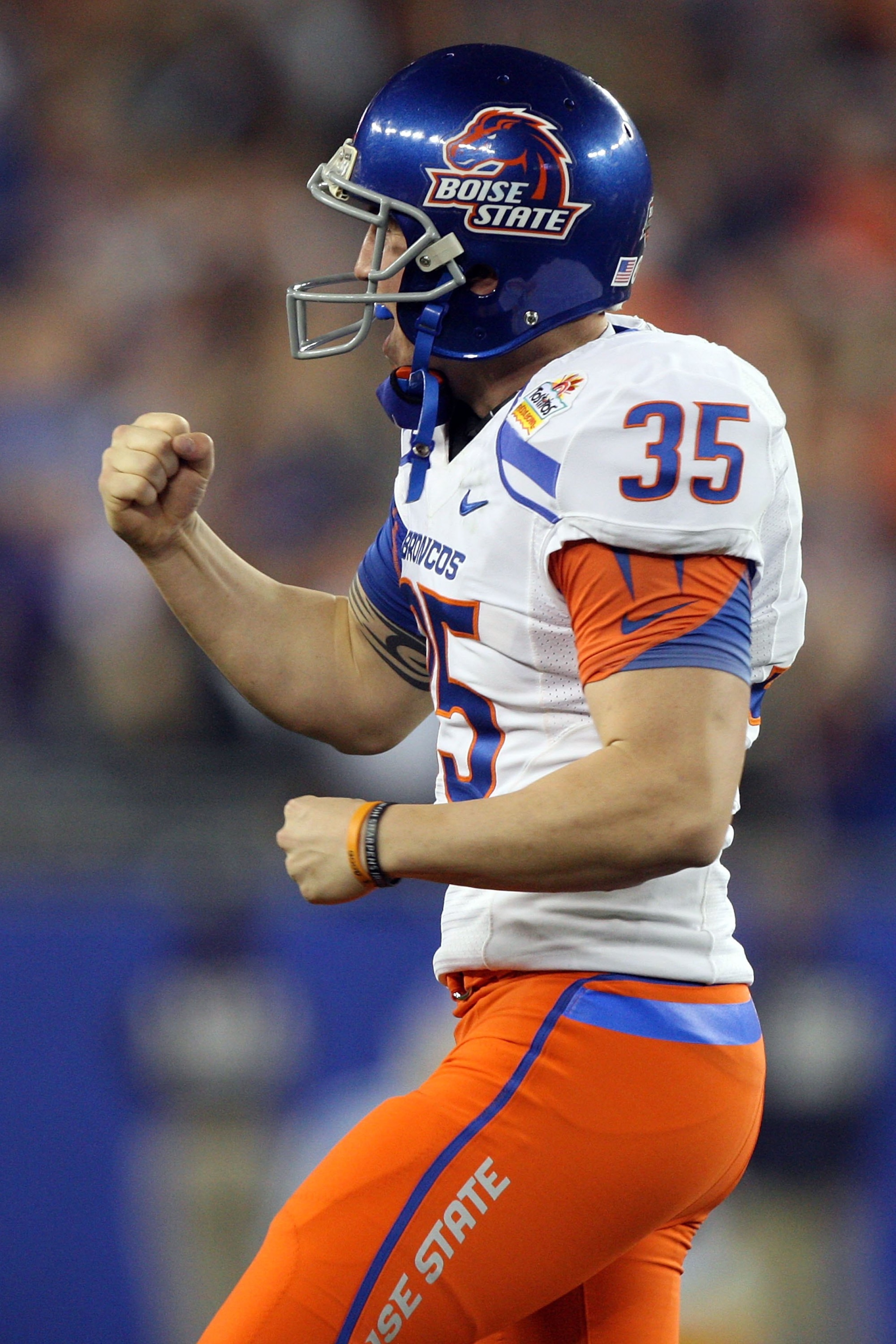 GLENDALE, AZ - JANUARY 04: Kicker Kyle Brotzman #35 of the Boise State Broncos reacts after he passes the ball on a fake punt for 29-yards in the fourth quarter against the TCU Horned Frogs during the Tostitos Fiesta Bowl at the Universtity of Phoenix St GLENDALE, AZ - JANUARY 04: Kicker Kyle Brotzman #35 of the Boise State Broncos reacts after he passes the ball on a fake punt for 29-yards in the fourth quarter against the TCU Horned Frogs during the Tostitos Fiesta Bowl at the Universtity of Phoenix St