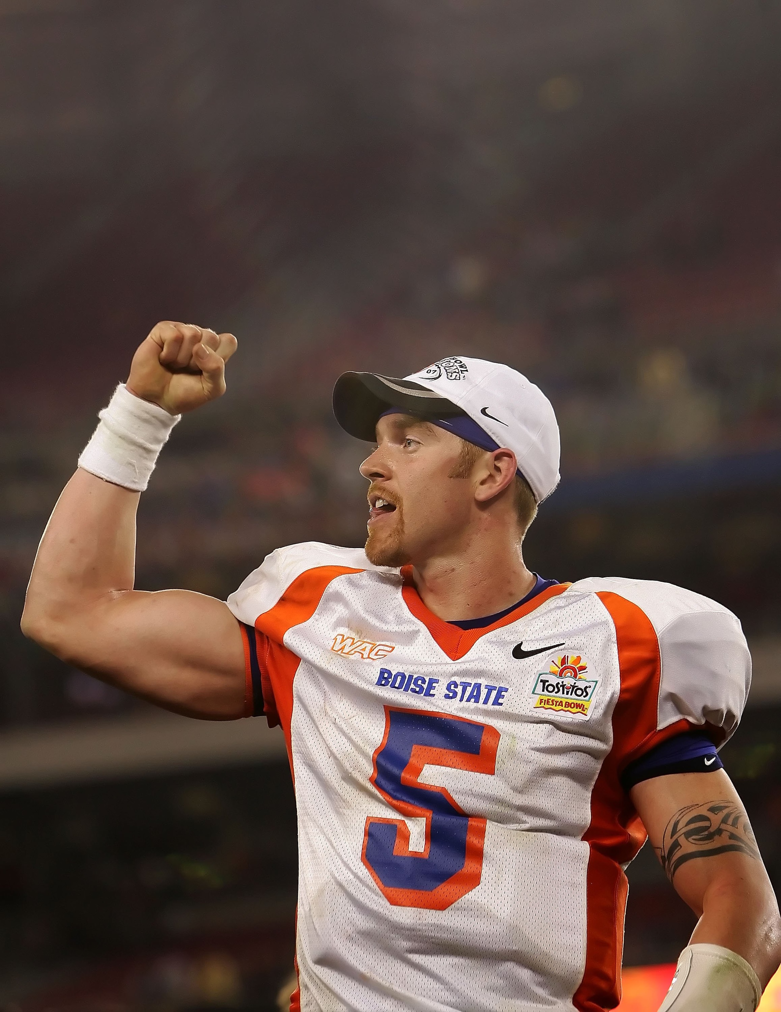 GLENDALE, AZ - JANUARY 01: Quarterback Jared Zabransky #5 of the Boise State Broncos celebrates after defeating the Oklahoma Sooners 43-42 at the Tostito's Fiesta Bowl at University of Phoenix Stadium on January 1, 2007 in Glendale, Arizona. (Photo by GLENDALE, AZ - JANUARY 01: Quarterback Jared Zabransky #5 of the Boise State Broncos celebrates after defeating the Oklahoma Sooners 43-42 at the Tostito's Fiesta Bowl at University of Phoenix Stadium on January 1, 2007 in Glendale, Arizona. (Photo by