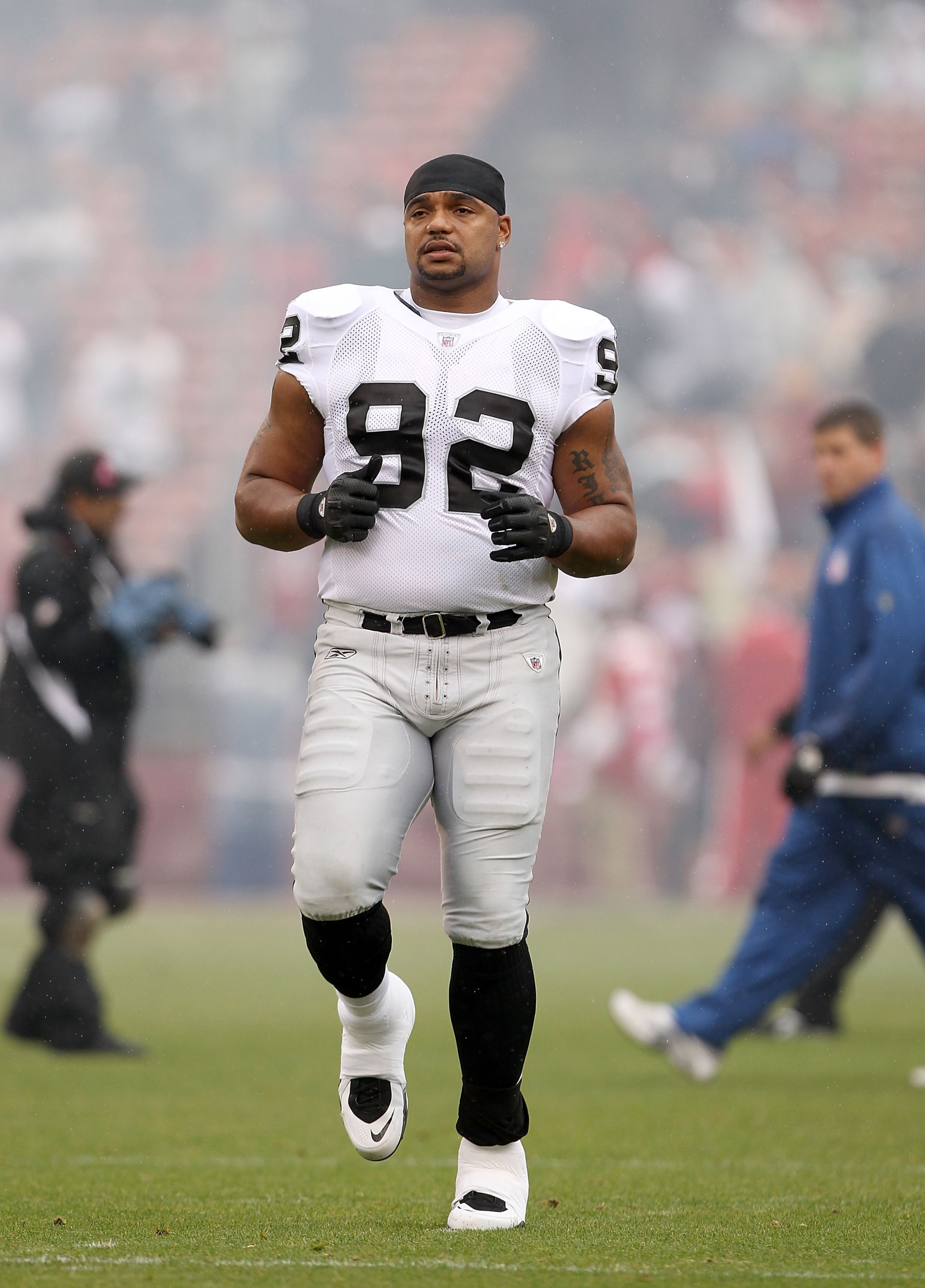 SAN FRANCISCO - OCTOBER 17: Richard Seymour #92 of the Oakland Raiders warms up before their game against the San Francisco 49ers at Candlestick Park on October 17, 2010 in San Francisco, California. (Photo by Ezra Shaw/Getty Images) SAN FRANCISCO - OCTOBER 17: Richard Seymour #92 of the Oakland Raiders warms up before their game against the San Francisco 49ers at Candlestick Park on October 17, 2010 in San Francisco, California. (Photo by Ezra Shaw/Getty Images)