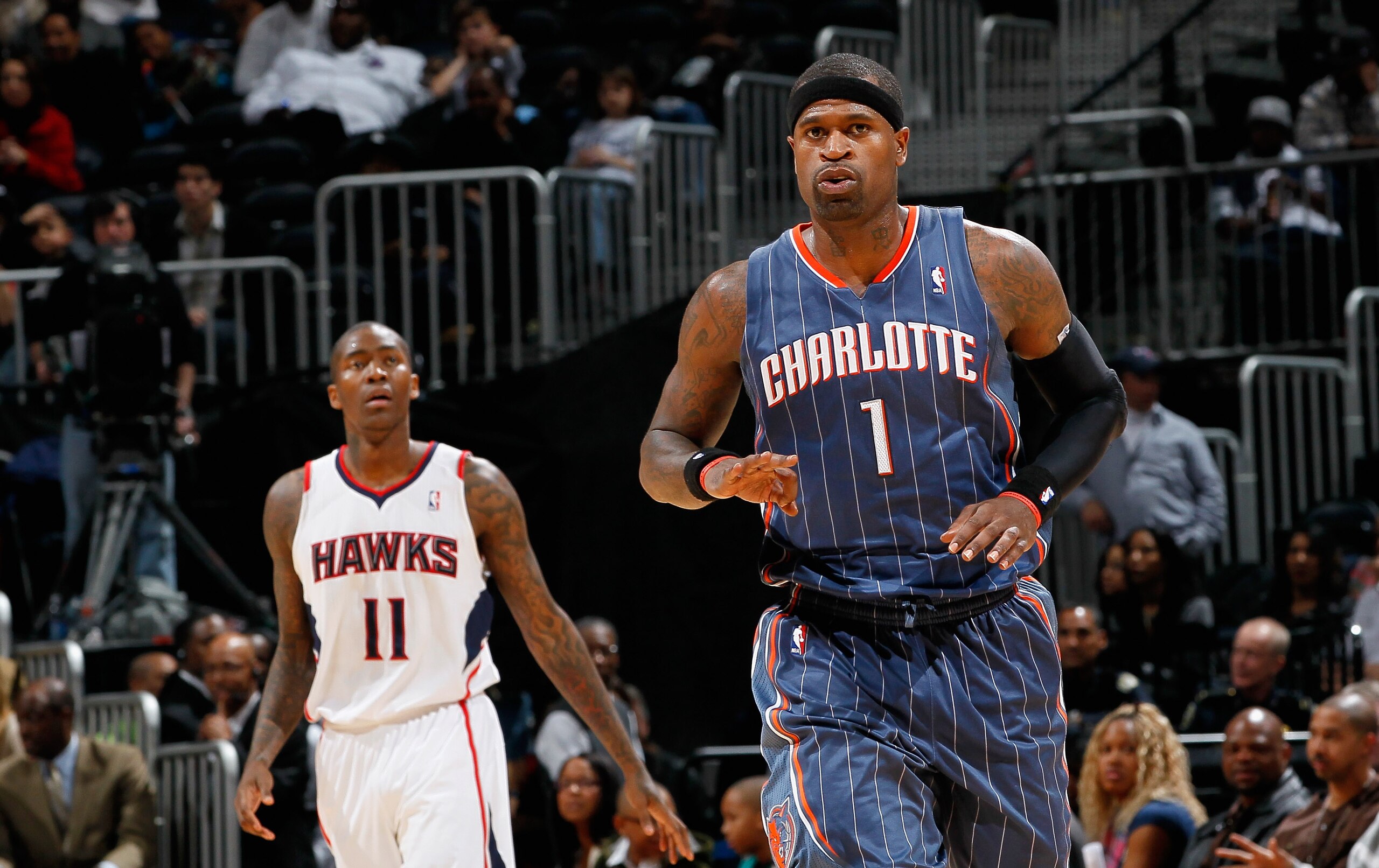 ATLANTA, GA - FEBRUARY 12:  Stephen Jackson #1 of the Charlotte Bobcats reacts after hitting a three-point basket against the Atlanta Hawks at Philips Arena on February 12, 2011 in Atlanta, Georgia.  NOTE TO USER: User expressly acknowledges and agrees th