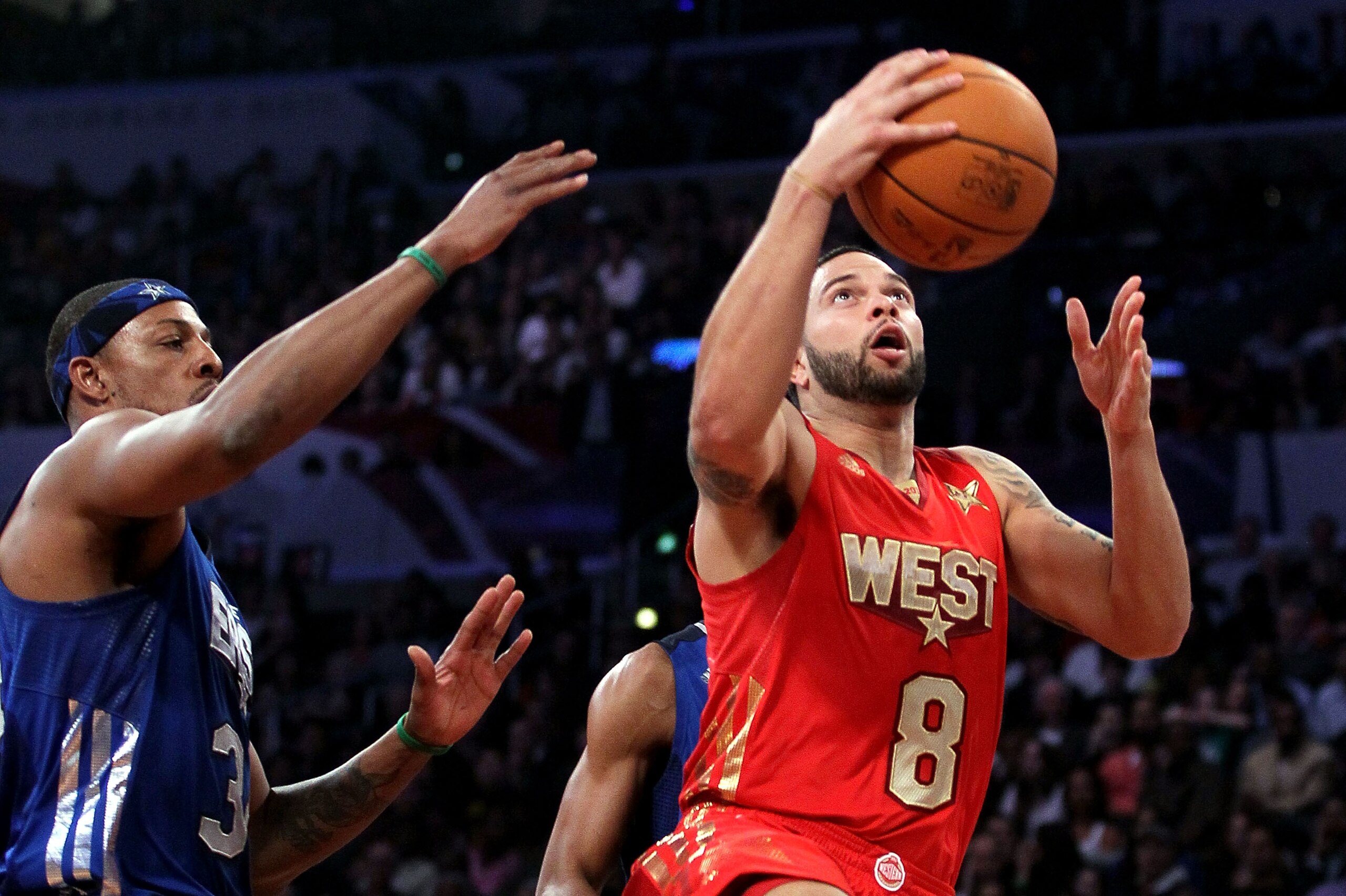 LOS ANGELES, CA - FEBRUARY 20: Deron Williams #8 of the Utah Jazz and the Western Conference goes up for a shot in front of Paul Pierce #34 of the Boston Celtics and the Eastern Conference in the 2011 NBA All-Star Game at Staples Center on February 20, 2 LOS ANGELES, CA - FEBRUARY 20: Deron Williams #8 of the Utah Jazz and the Western Conference goes up for a shot in front of Paul Pierce #34 of the Boston Celtics and the Eastern Conference in the 2011 NBA All-Star Game at Staples Center on February 20, 2