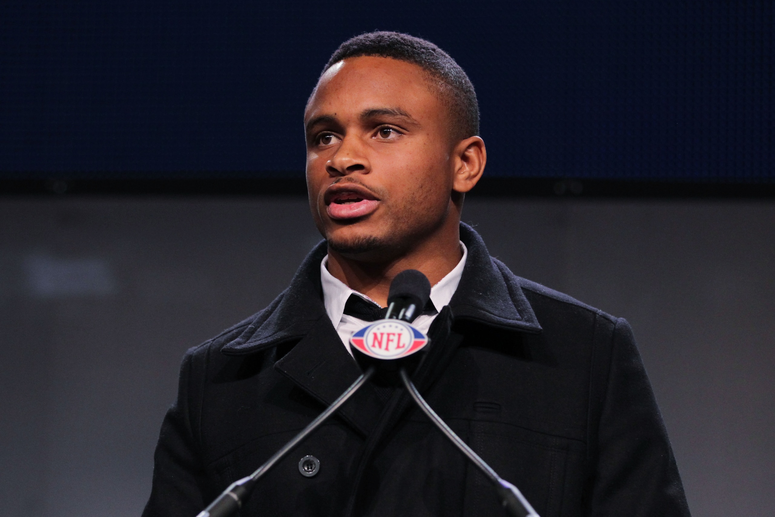DALLAS, TX - FEBRUARY 04:  Walter Payton NFL Man of the Year Award finalist Nnamdi Asomugha of the Oakland Raiders speaks during a press conference at the Super Bowl XLV media center on February 4, 2011 in Dallas, Texas. The Green Bay Packers will play th