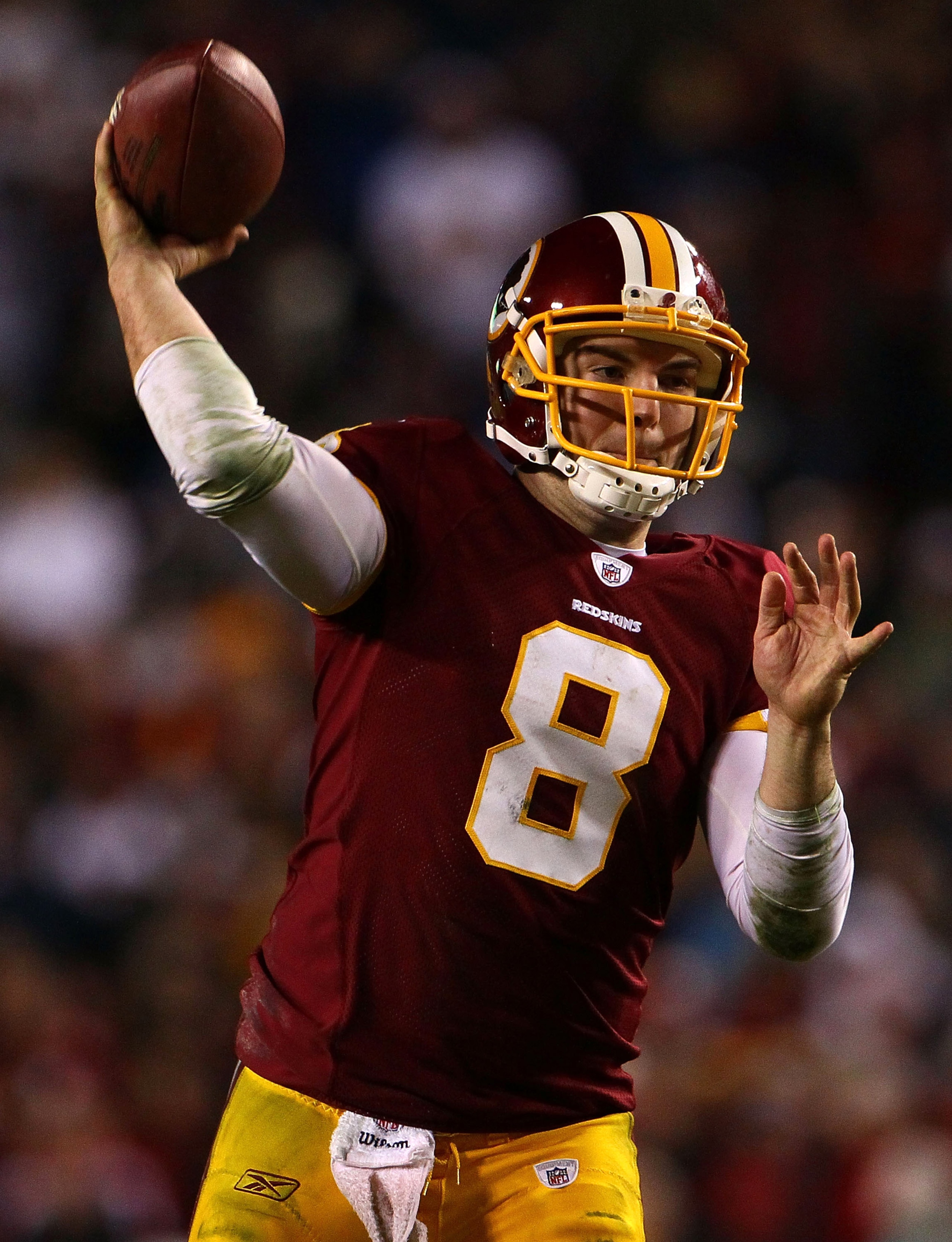 LANDOVER, MD - JANUARY 02: Quarterback Rex Grossman #8 of the Washington Redskins throws a pass in the fourth quarter of a game against the New York Giants at FedEx Field on January 2, 2011 in Landover, Maryland. The Giants won the game 17-14. (Photo by LANDOVER, MD - JANUARY 02: Quarterback Rex Grossman #8 of the Washington Redskins throws a pass in the fourth quarter of a game against the New York Giants at FedEx Field on January 2, 2011 in Landover, Maryland. The Giants won the game 17-14. (Photo by