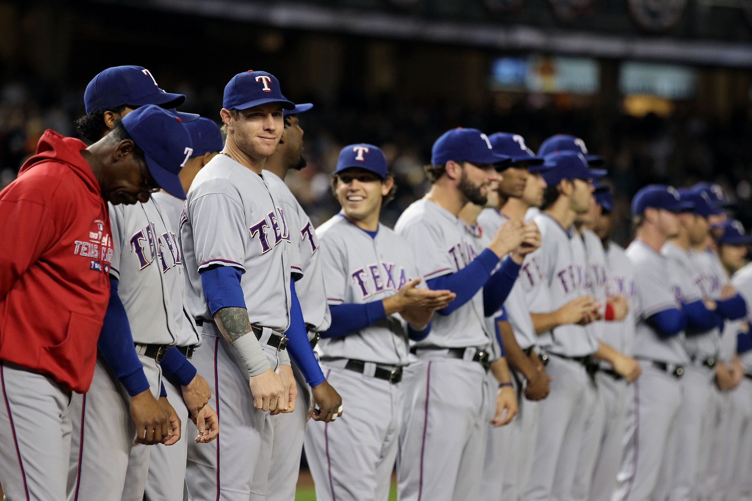 NEW YORK - OCTOBER 18: Josh Hamilton #32 (3rd L) of the Texas Rangers looks on during pregame festivities against the New York Yankees in Game Three of the ALCS during the 2010 MLB Playoffs at Yankee Stadium on October 18, 2010 in New York, New York. ( NEW YORK - OCTOBER 18: Josh Hamilton #32 (3rd L) of the Texas Rangers looks on during pregame festivities against the New York Yankees in Game Three of the ALCS during the 2010 MLB Playoffs at Yankee Stadium on October 18, 2010 in New York, New York. (