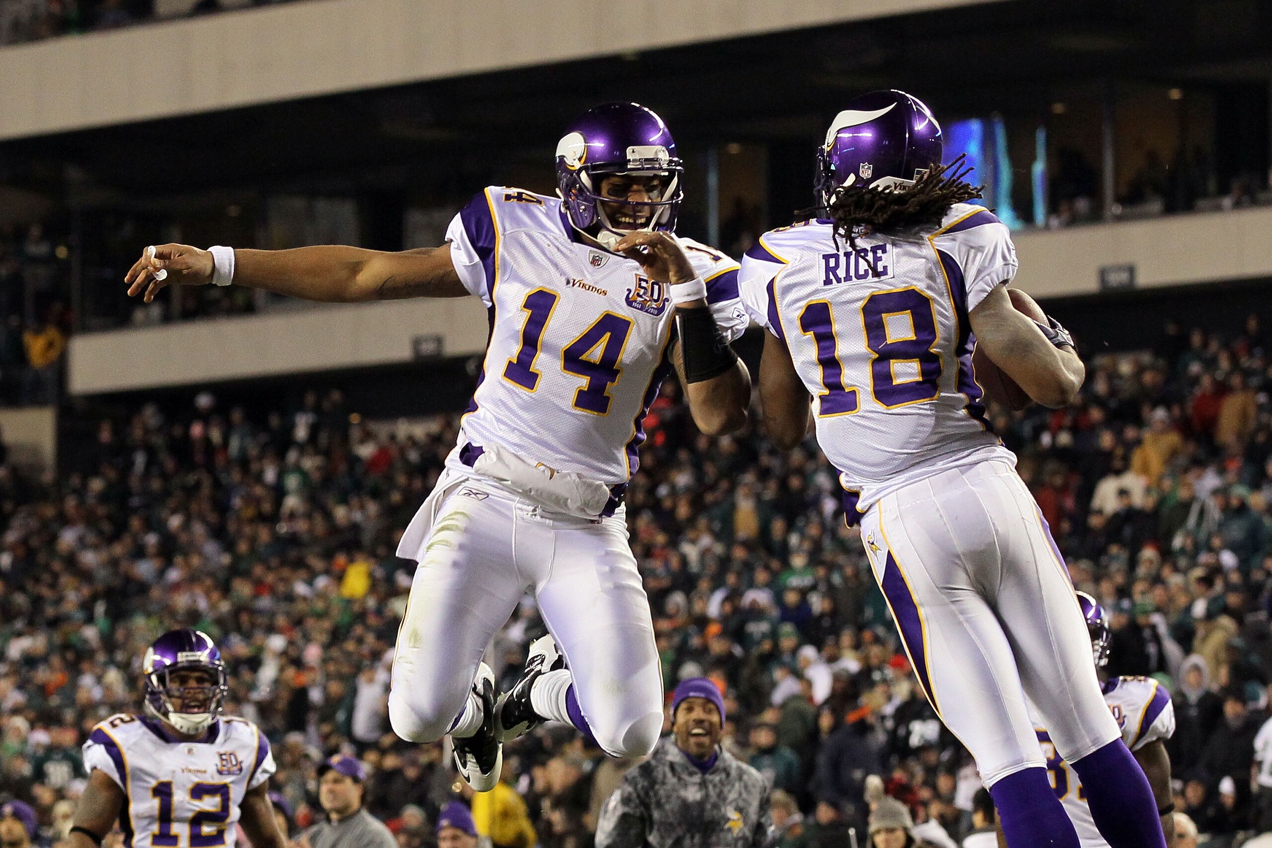PHILADELPHIA, PA - DECEMBER 28: Joe Webb #14 and Sidney Rice #18 of the Minnesota Vikings celebrate after a play against the Philadelphia Eagles at Lincoln Financial Field on December 28, 2010 in Philadelphia, Pennsylvania. (Photo by Jim McIsaac/Getty Ima PHILADELPHIA, PA - DECEMBER 28: Joe Webb #14 and Sidney Rice #18 of the Minnesota Vikings celebrate after a play against the Philadelphia Eagles at Lincoln Financial Field on December 28, 2010 in Philadelphia, Pennsylvania. (Photo by Jim McIsaac/Getty Ima