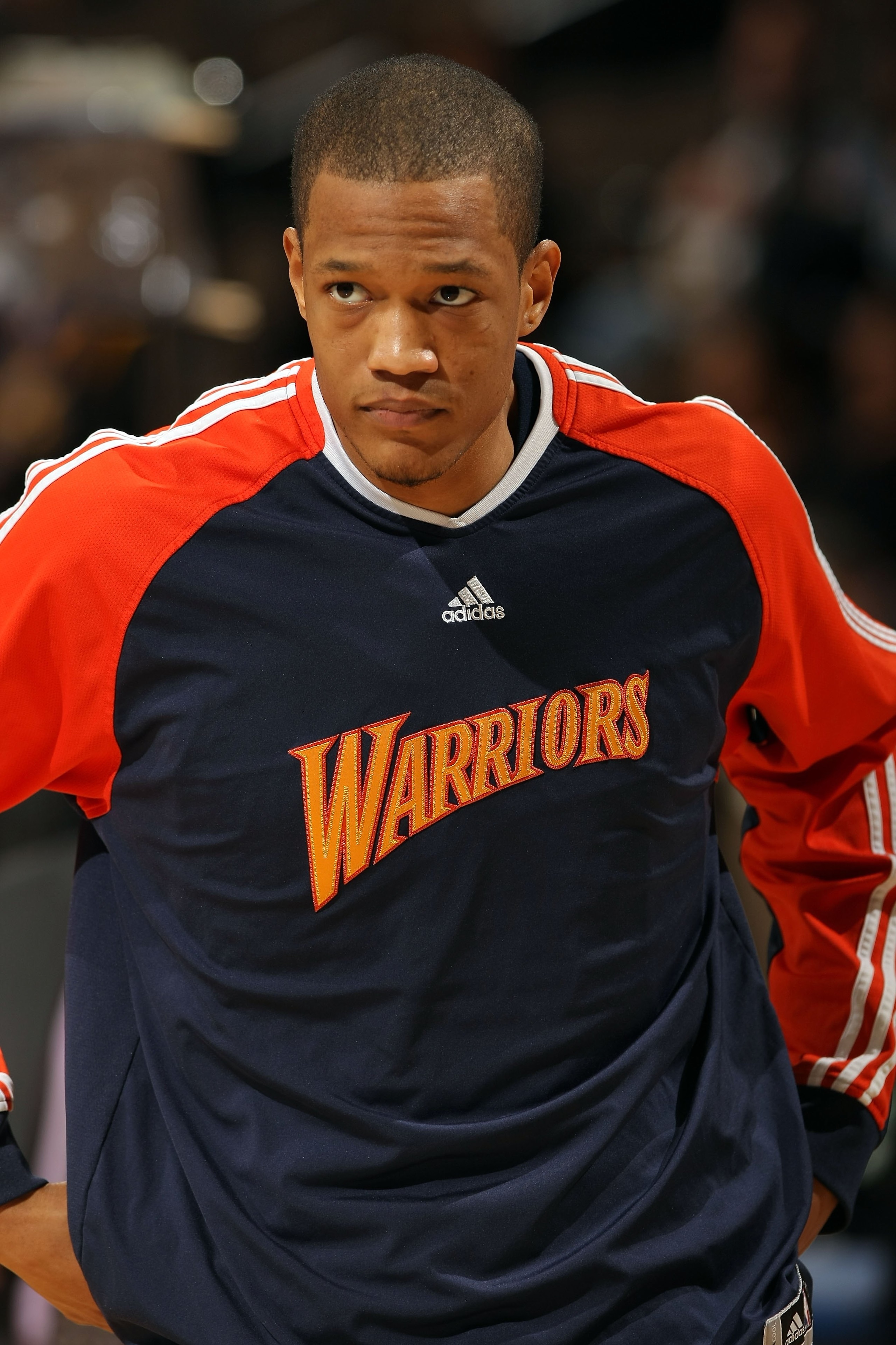 DENVER - JANUARY 05:  Anthony Randolph #4 of the Golden State Warriors warms up prior to facing the Denver Nuggets at the Pepsi Center on January 5, 2010 in Denver, Colorado. The Nuggets defeated the Warriors 123-122. NOTE TO USER: User expressly acknowle