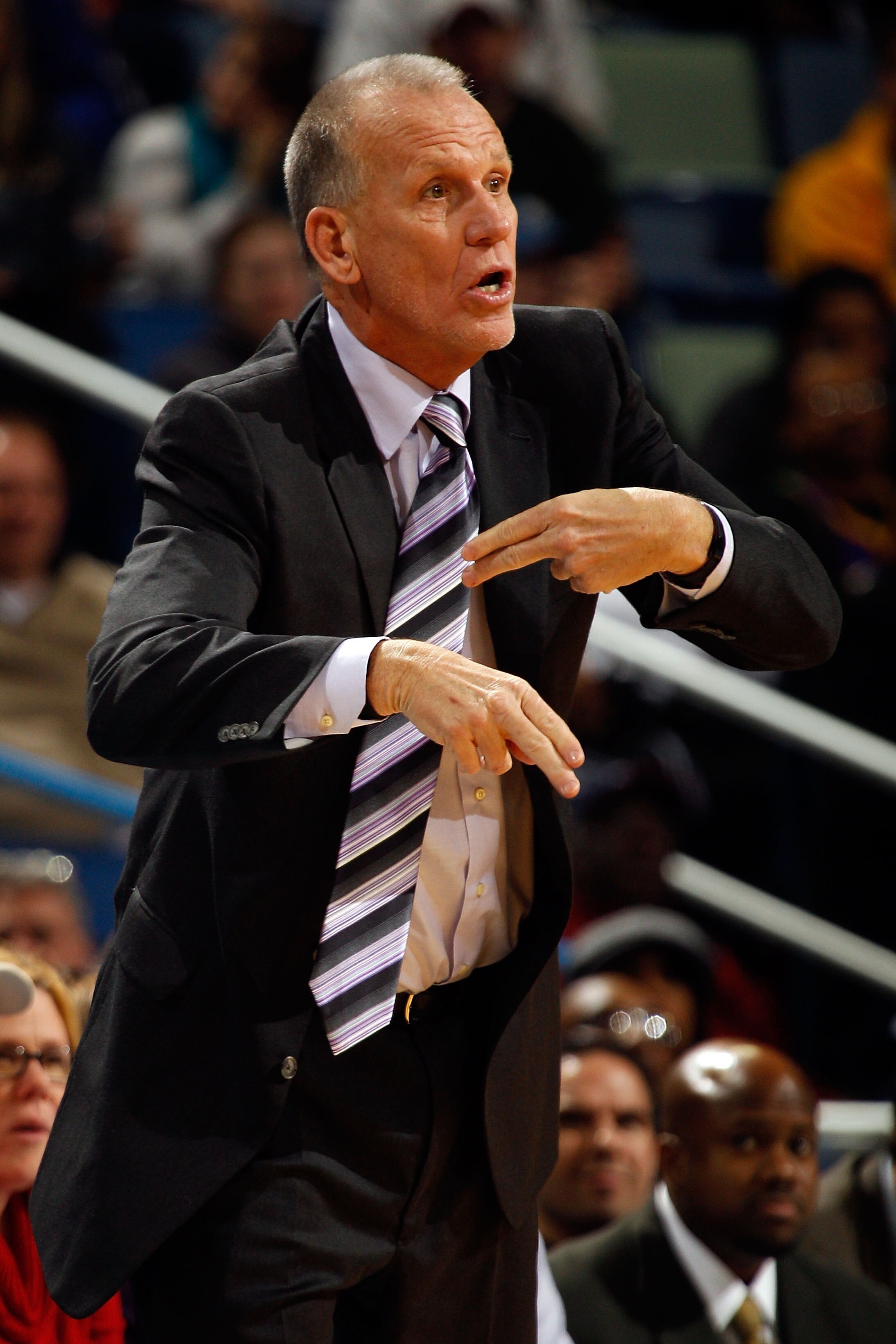 NEW ORLEANS, LA - JANUARY 03:  Head coach Doug Collins of the Philadelphia 76ers reacts in the second half against the New Orleans Hornets at New Orleans Arena on January 3, 2011 in New Orleans, Louisiana. NOTE TO USER: User expressly acknowledges and agr