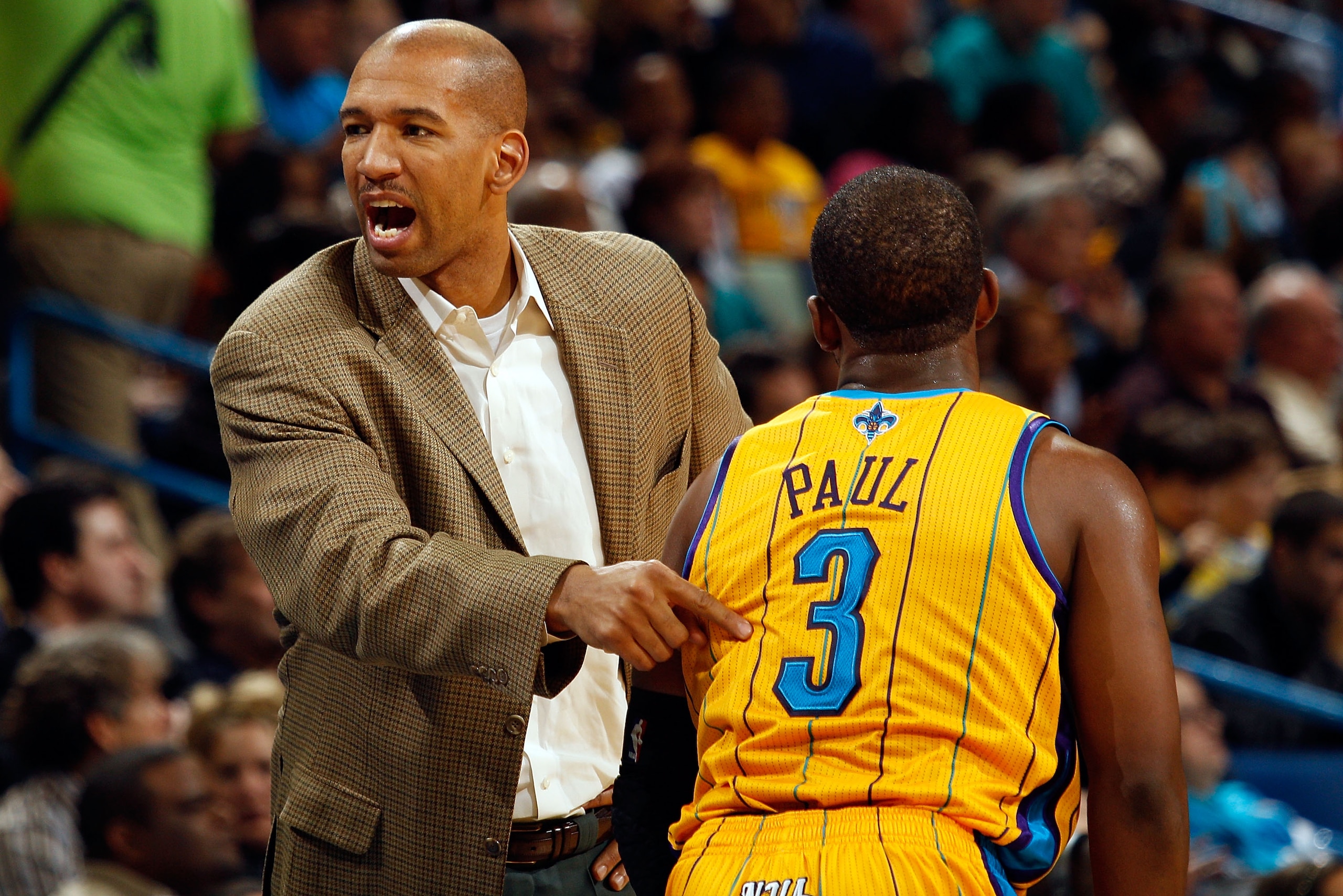 NEW ORLEANS, LA - JANUARY 22:  Head coach Monty Williams points to Chris Paul #3 of the New Orleans Hornets during the game against the San Antonio Spurs at the New Orleans Arena on January 22, 2011 in New Orleans, Louisiana.  The Hornets defeated the Spu