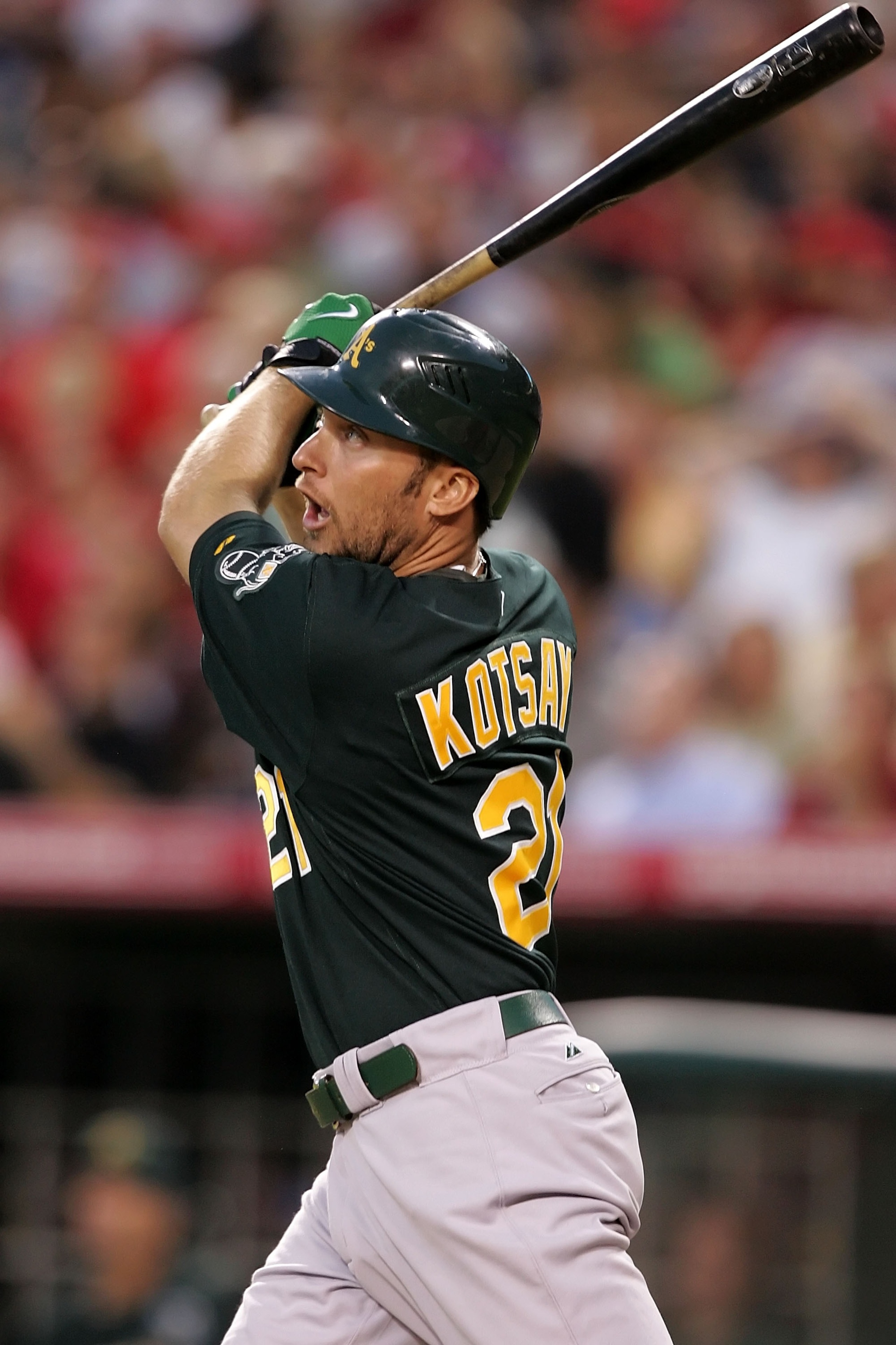 ANAHEIM, CA - JULY 24:  Mark Kotsay #21 of the Oakland Athletics flies out to centerfield against the Los Angeles Angels of Anaheim at Angels Stadium on July 24, 2007 in Anaheim, California.  (Photo by Lisa Blumenfeld/Getty Images)