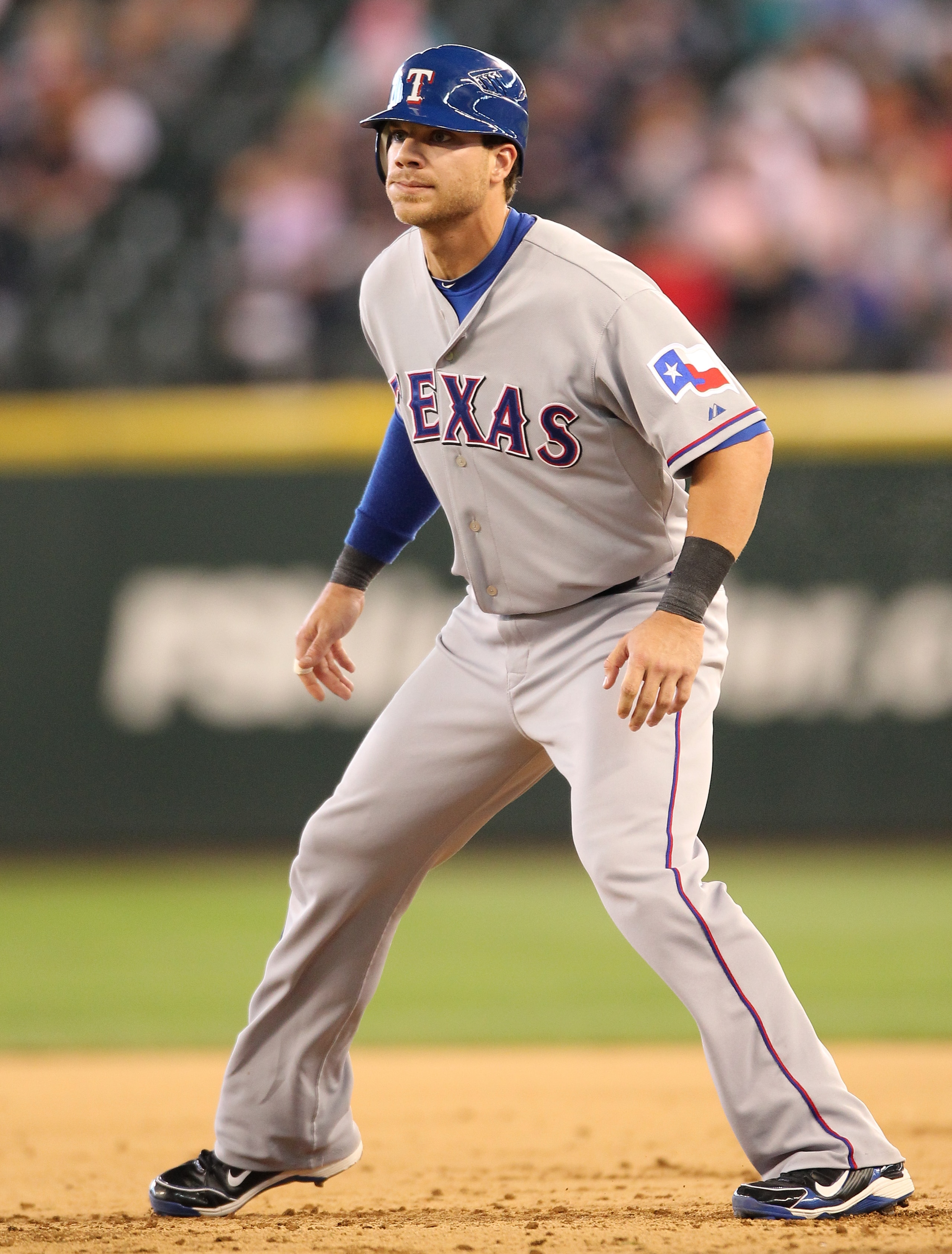 SEATTLE - SEPTEMBER 19: Chris Davis #19 of the Texas Rangers leads off of first base during the game against the Seattle Mariners at Safeco Field on September 19, 2010 in Seattle, Washington. The Mariners won 2-1. (Photo by Otto Greule Jr/Getty Images) SEATTLE - SEPTEMBER 19: Chris Davis #19 of the Texas Rangers leads off of first base during the game against the Seattle Mariners at Safeco Field on September 19, 2010 in Seattle, Washington. The Mariners won 2-1. (Photo by Otto Greule Jr/Getty Images)