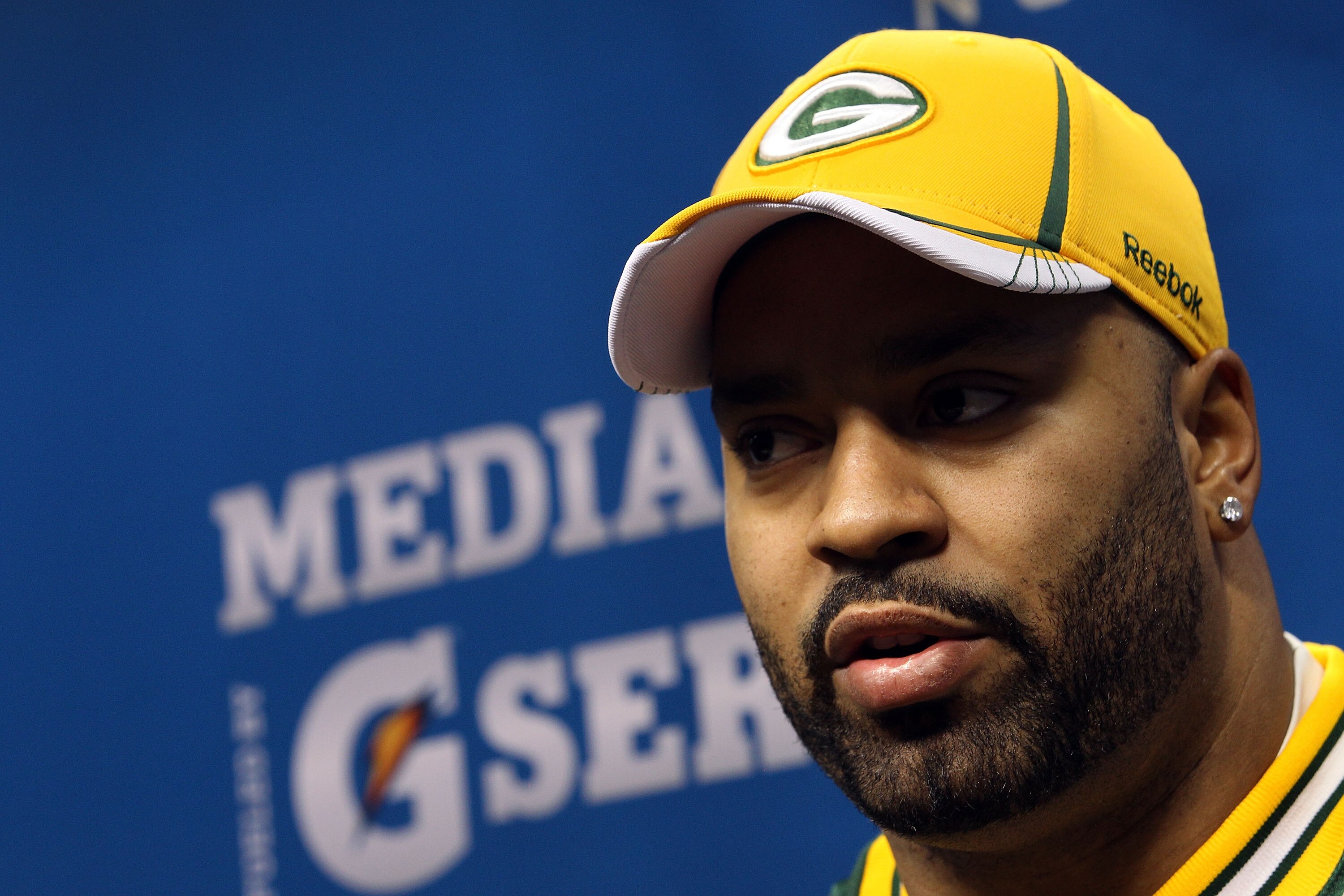 ARLINGTON, TX - FEBRUARY 01:  Cullen Jenkins #77 of the Green Bay Packers addresses the media during Super Bowl XLV Media Day ahead of Super Bowl XLV at Cowboys Stadium on February 1, 2011 in Arlington, Texas. The Pittsburgh Steelers will play the Green B