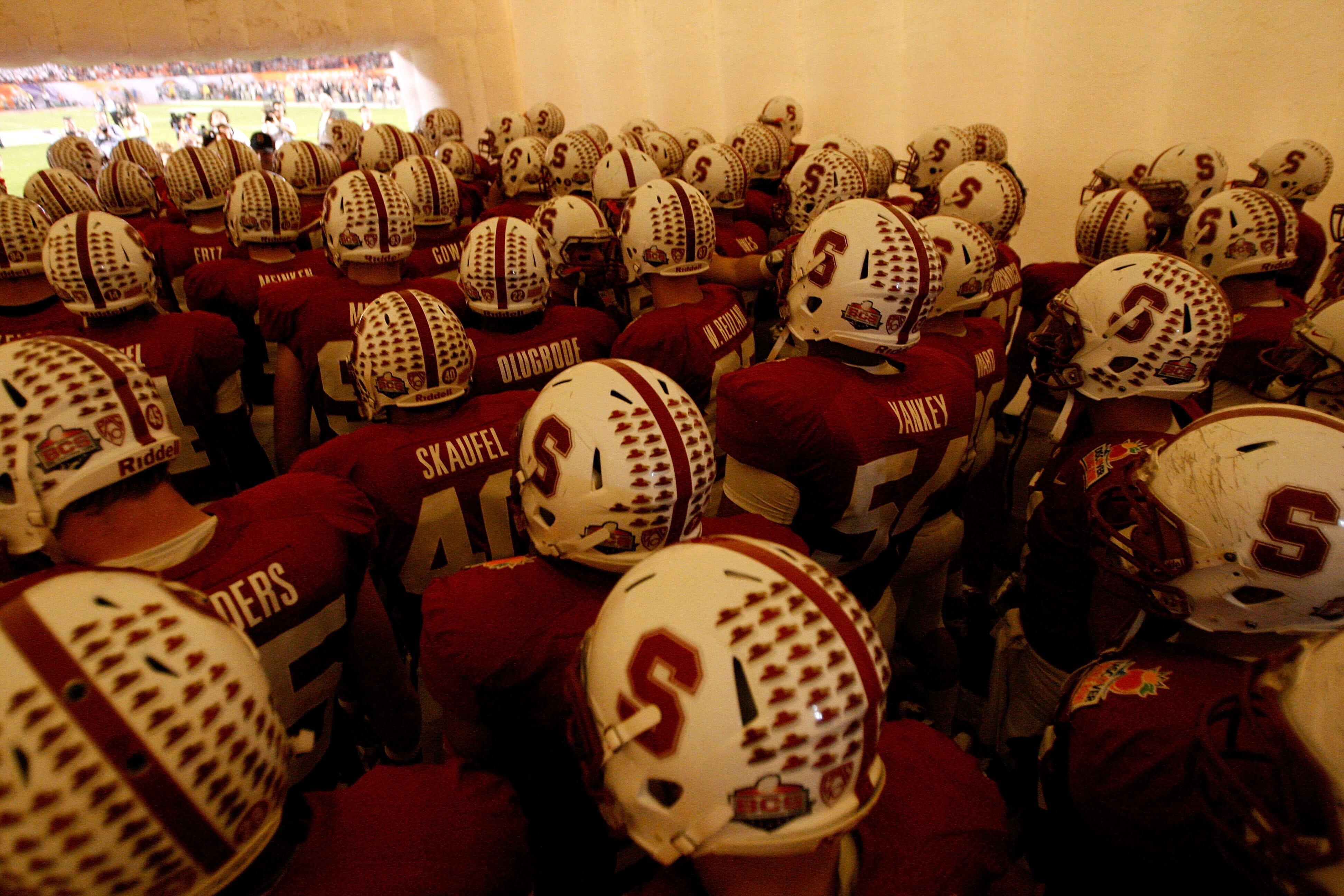 MIAMI, FL - JANUARY 03:  The Stanford Cardinal stand in the tunnel prior to taking the field to play against the Virginia Tech Hokies during the 2011 Discover Orange Bowl at Sun Life Stadium on January 3, 2011 in Miami, Florida.  (Photo by Streeter Lecka/