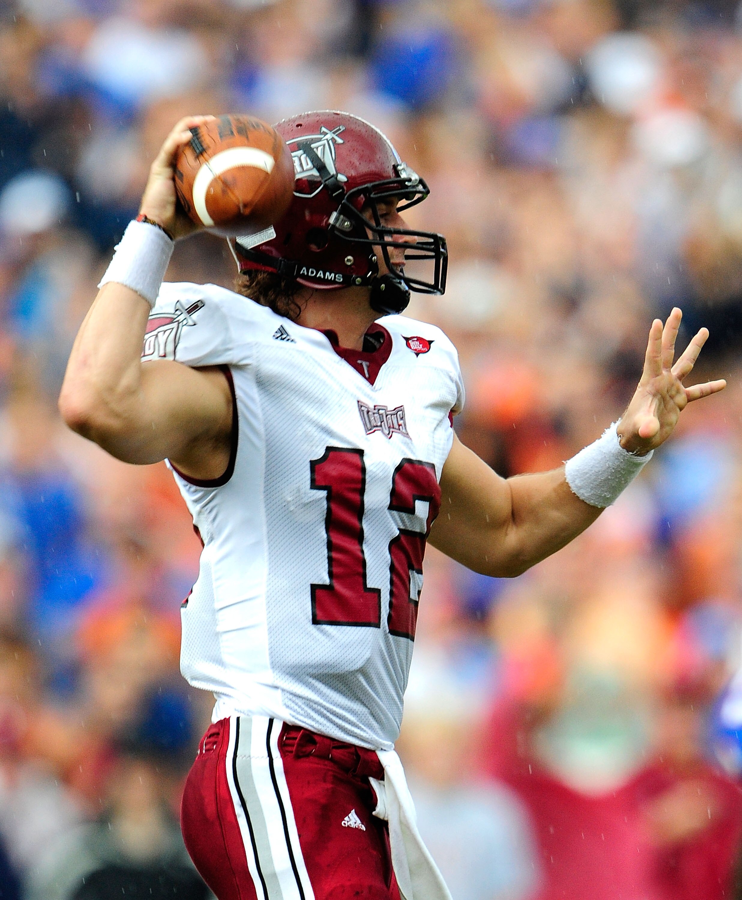 GAINESVILLE, FL - SEPTEMBER 12:  Levi Brown #12 of the Troy Trojans attempts a pass during the game against the Florida Gators at Ben Hill Griffin Stadium on September 12, 2009 in Gainesville, Florida.  (Photo by Sam Greenwood/Getty Images)