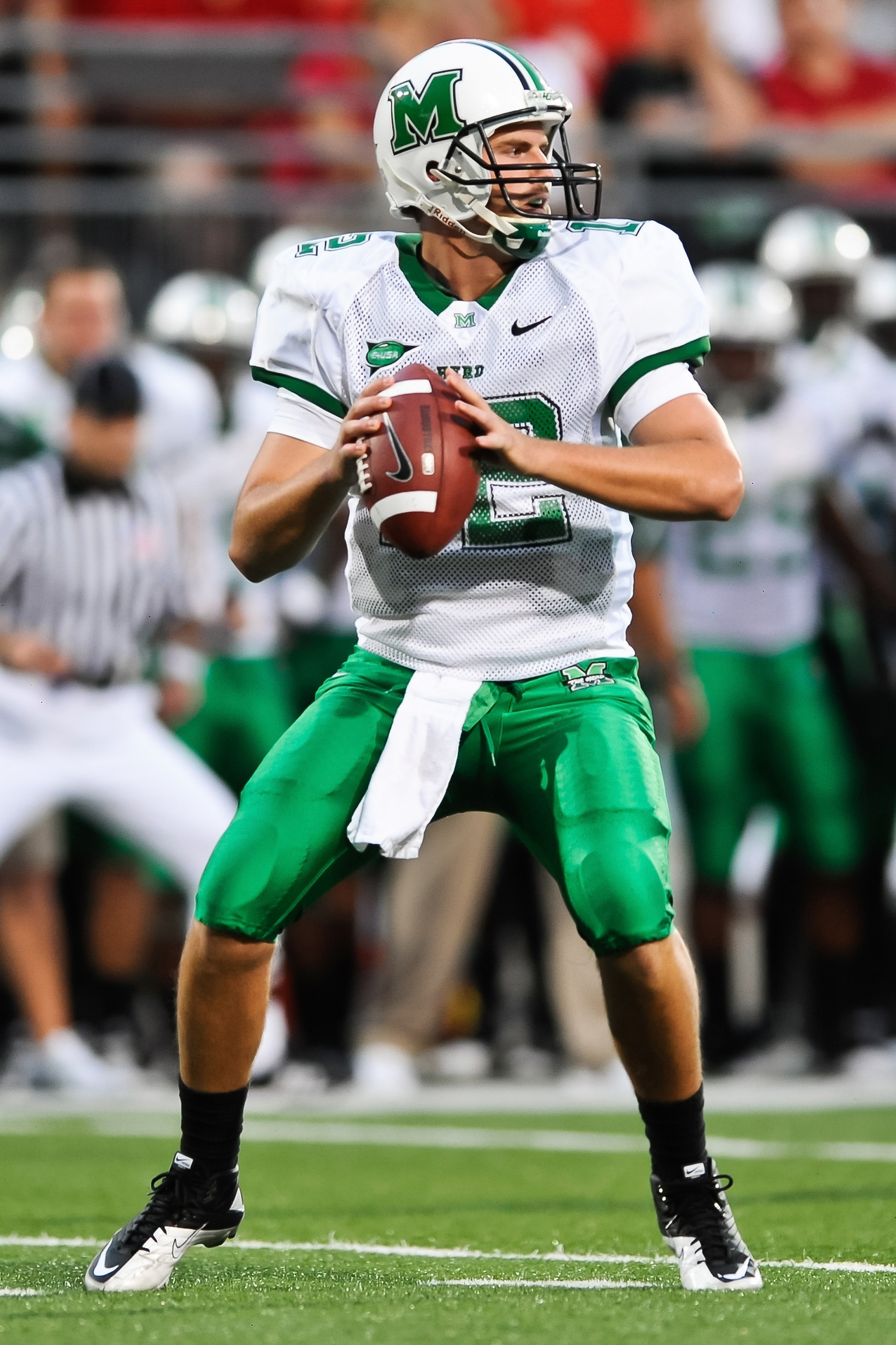 COLUMBUS, OH - SEPTEMBER 2: Quarterback Brian Anderson #12 of the Marshall Thundering Herd passes against the Ohio State Buckeyes at Ohio Stadium on September 2, 2010 in Columbus, Ohio. (Photo by Jamie Sabau/Getty Images)